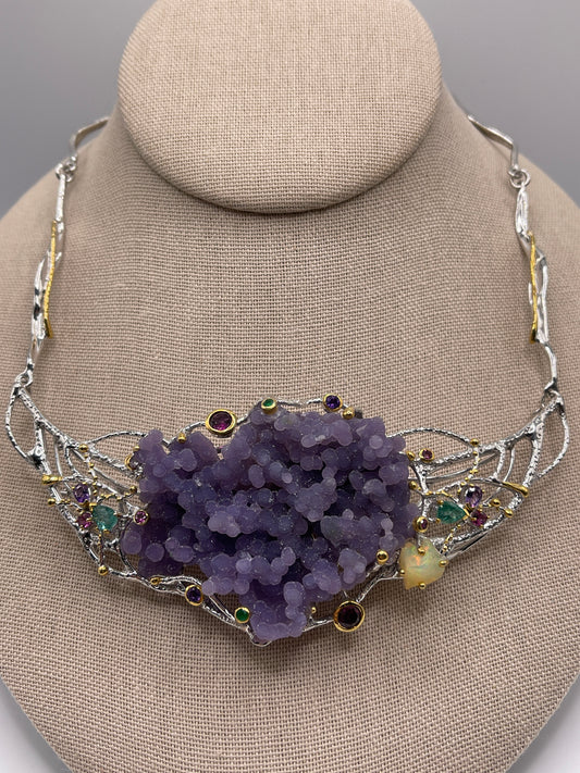 Manakara Grape Druzy, Carved Ethiopian Opal, Emerald, Rhodolite, and Amethyst Queen Statement Sterling Silver Necklace