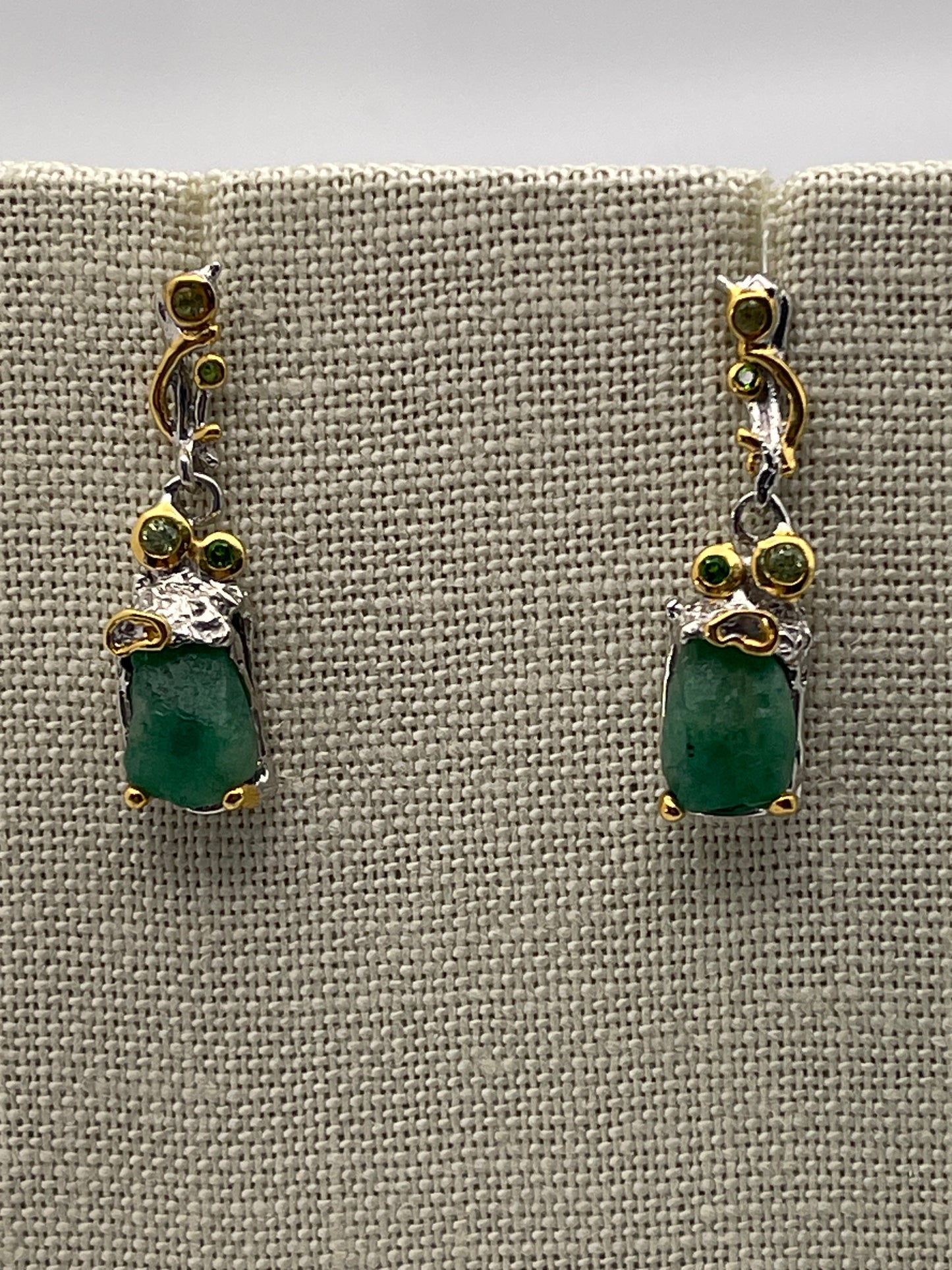 Rough Emerald with Peridot and Chrome Diopside Sterling Silver Rhodium Earrings