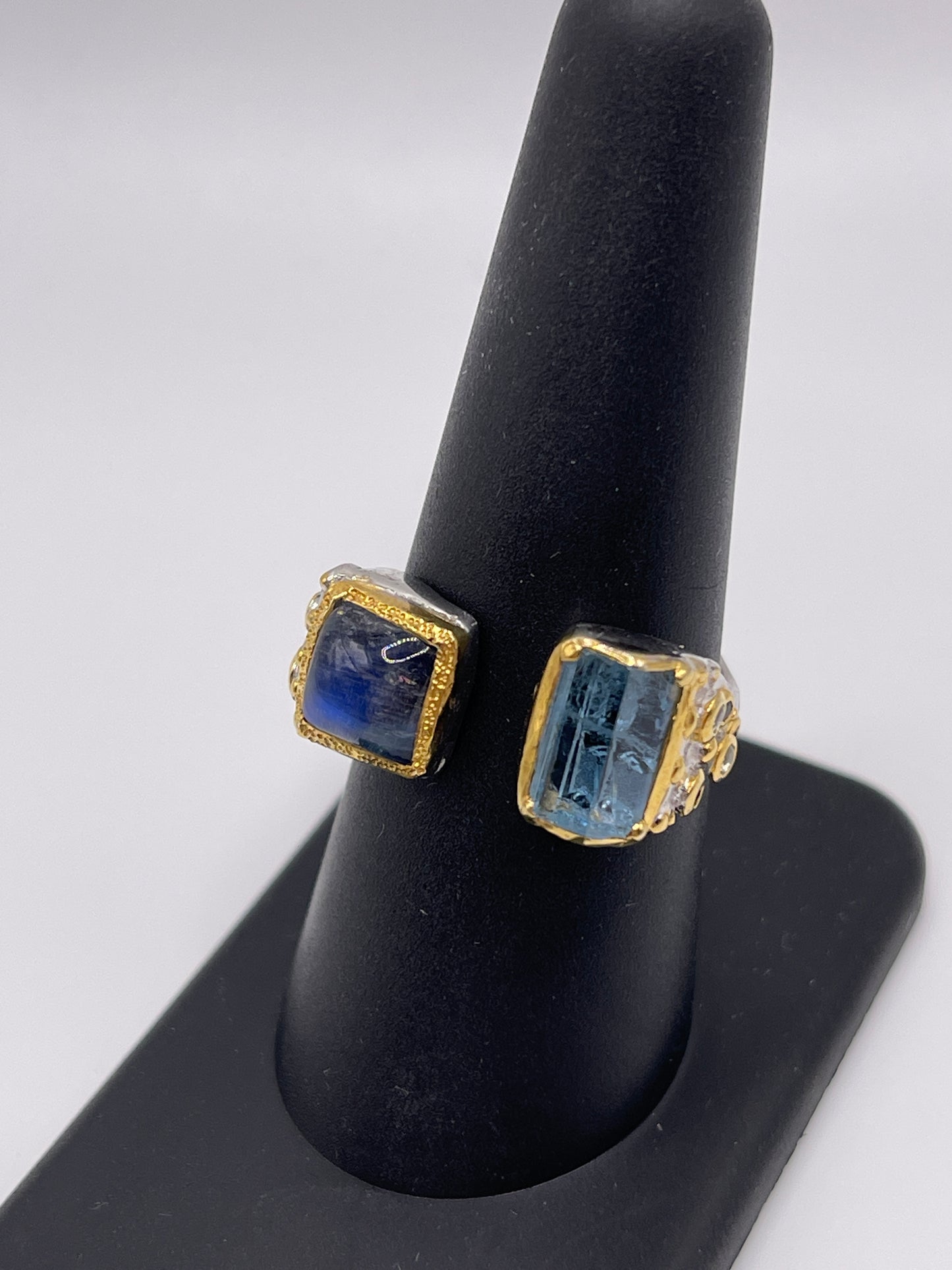 Spectrolite and Aquamarine, Blue Topaz,Blue Sapphire Sterling Silver Vermeil Open Ring Sz8