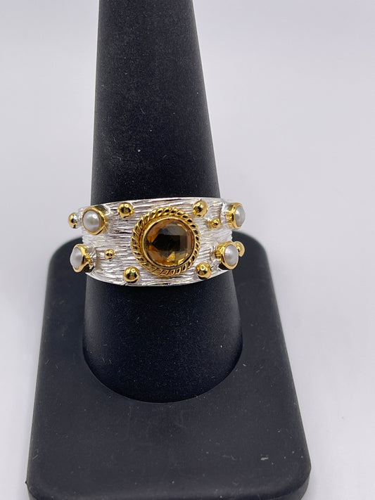 Citrine and Pearl Designer Sterling Silver Band Size 10