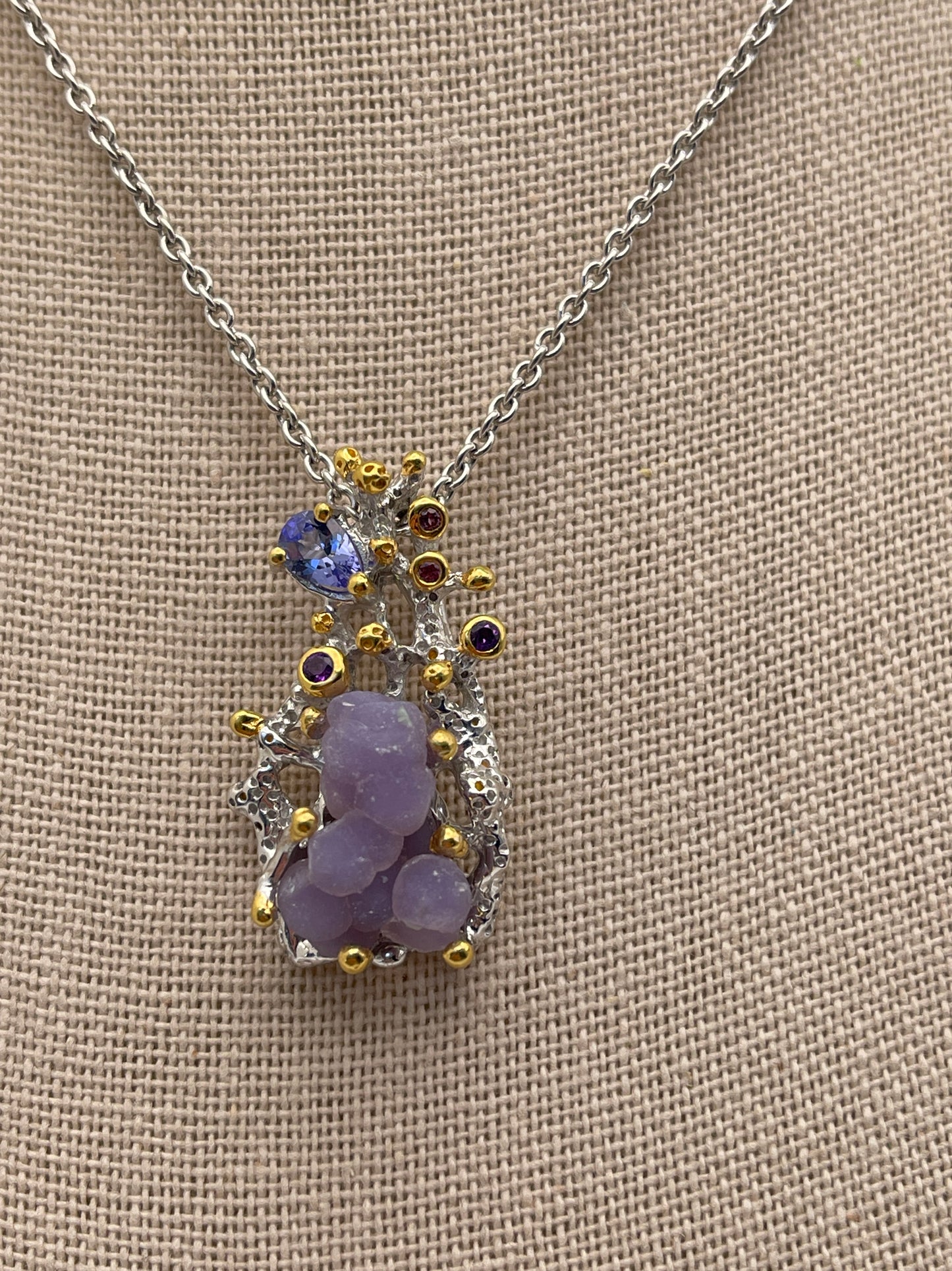 Grape Agate Druzy, Tanzanite, Amethyst, Rhodolite Sterling Silver with Rhodium Necklace