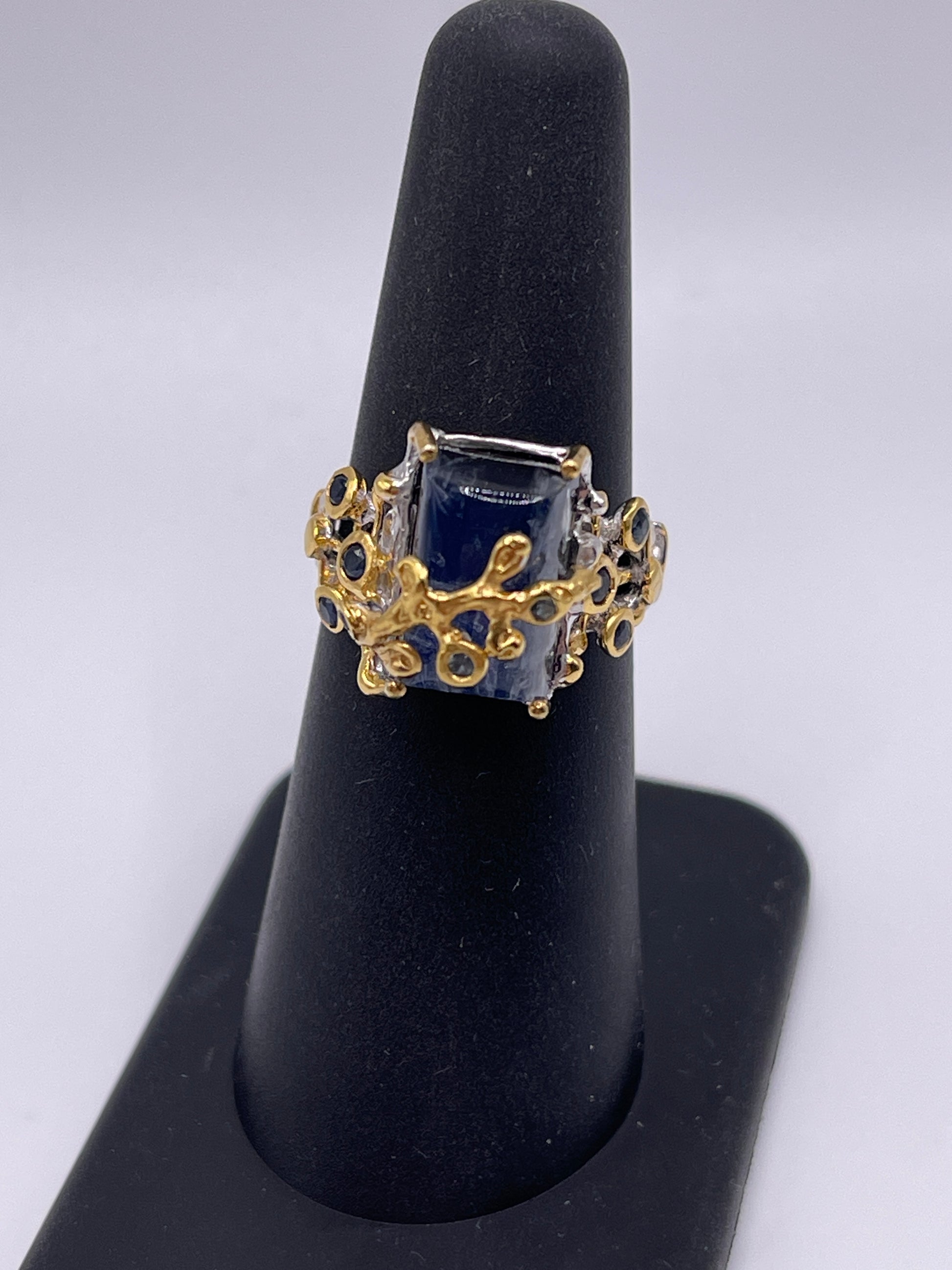 Spectrolite Emerald Cut in Sapphire Oraganic Design Sterling Silver Vermeil Ring Size 6