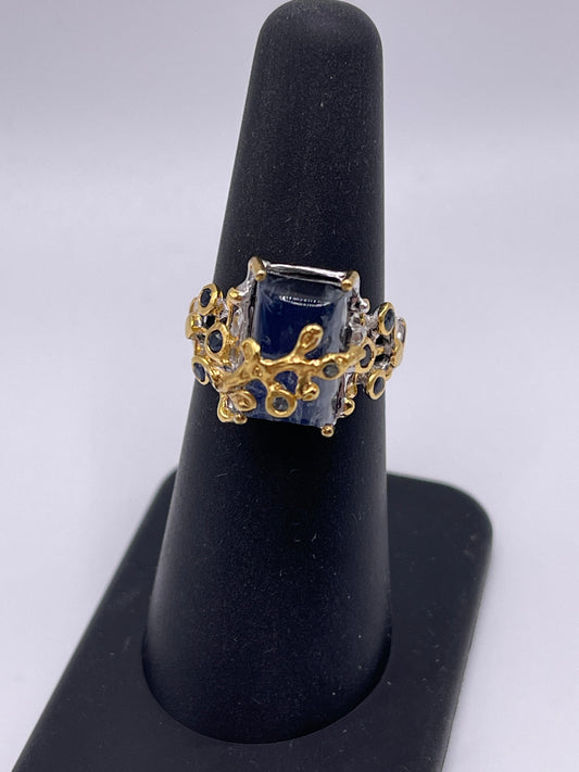 Spectrolite Emerald Cut in Sapphire Oraganic Design Sterling Silver Vermeil Ring Size 6