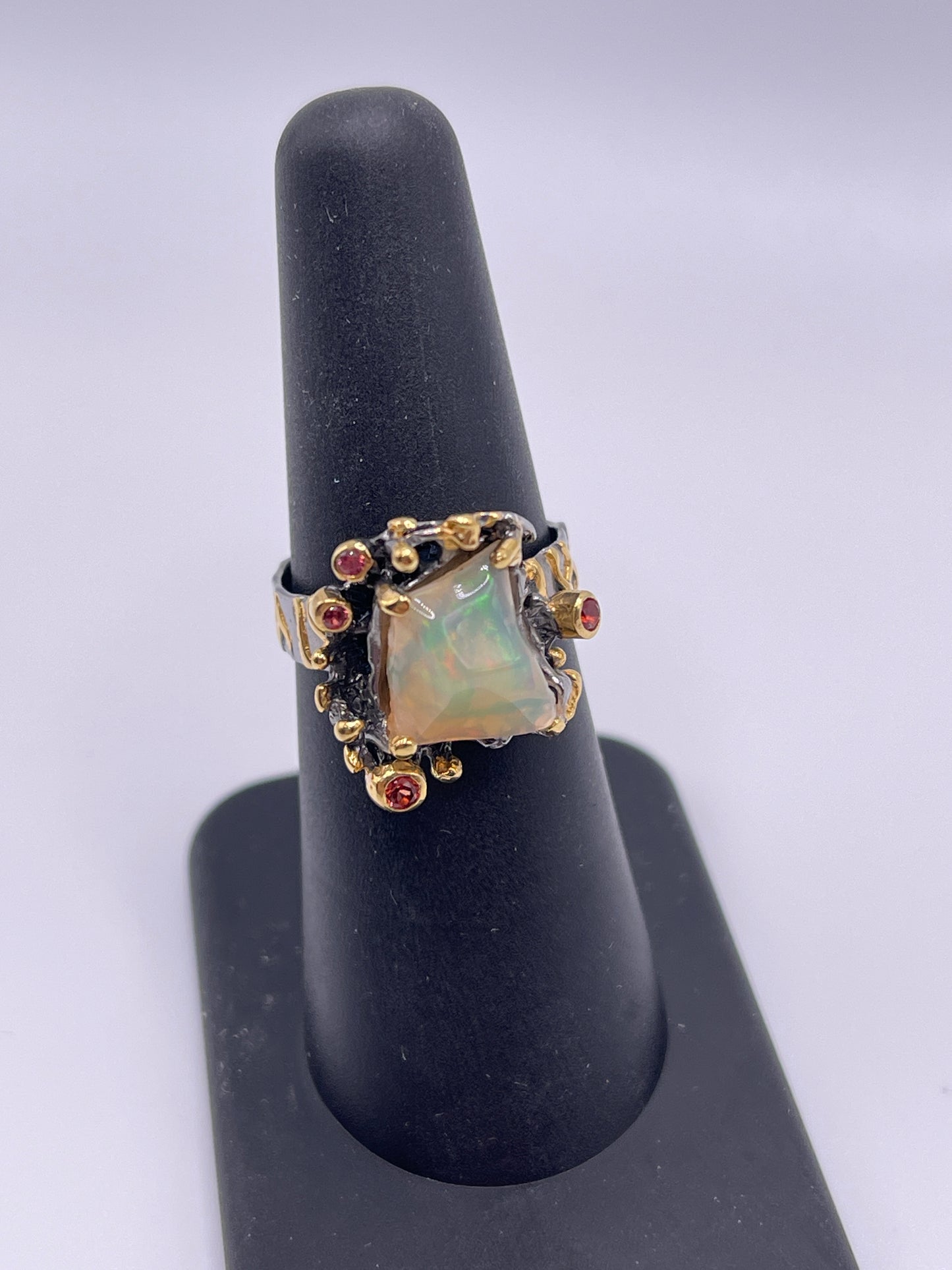 Ethiopian Opal and Orange Sapphire Sterling Silver Vermeil Ring Size 6
