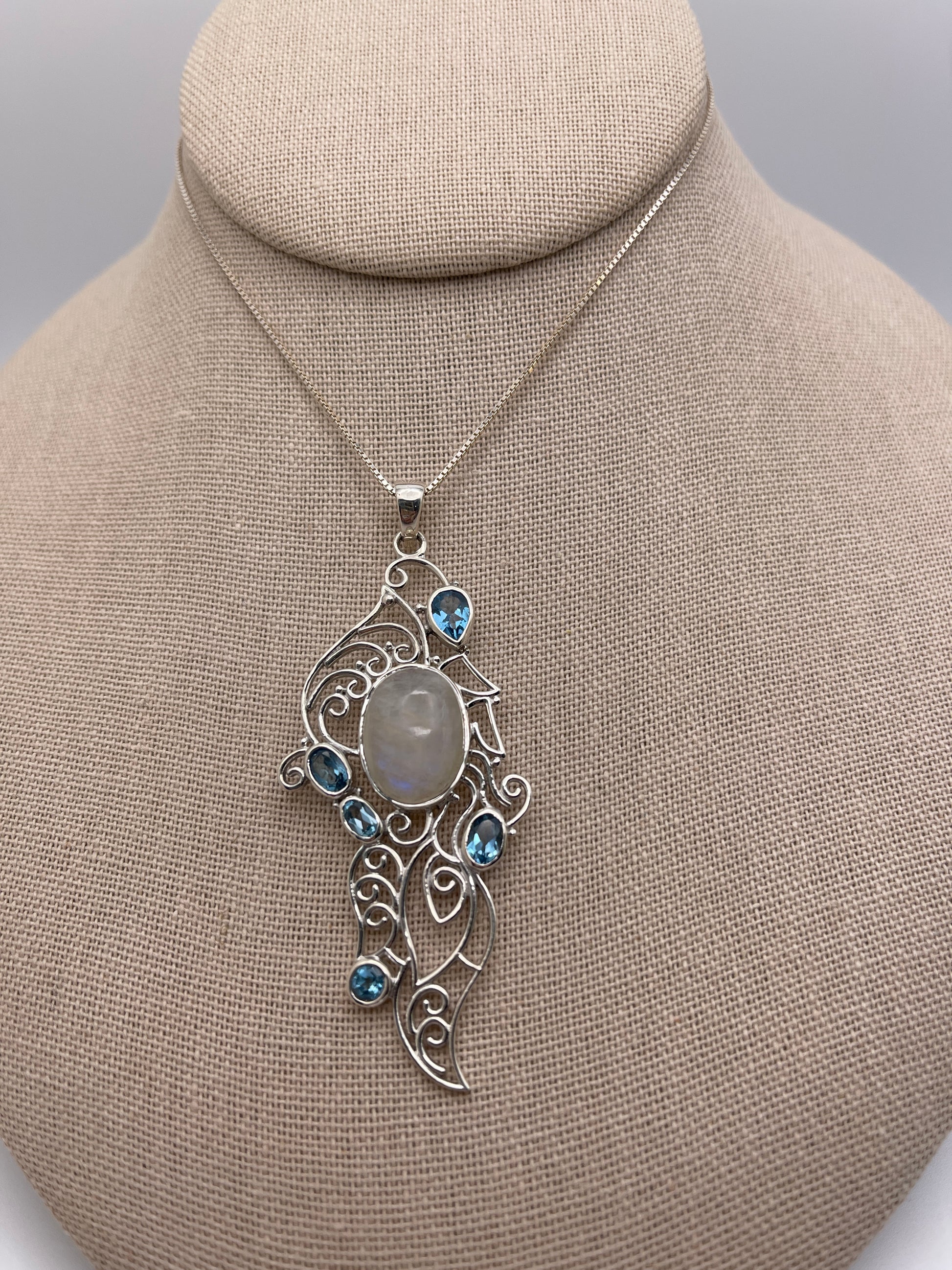 Moonstone and Blue Topaz Ornate Sterling Silver Pendant