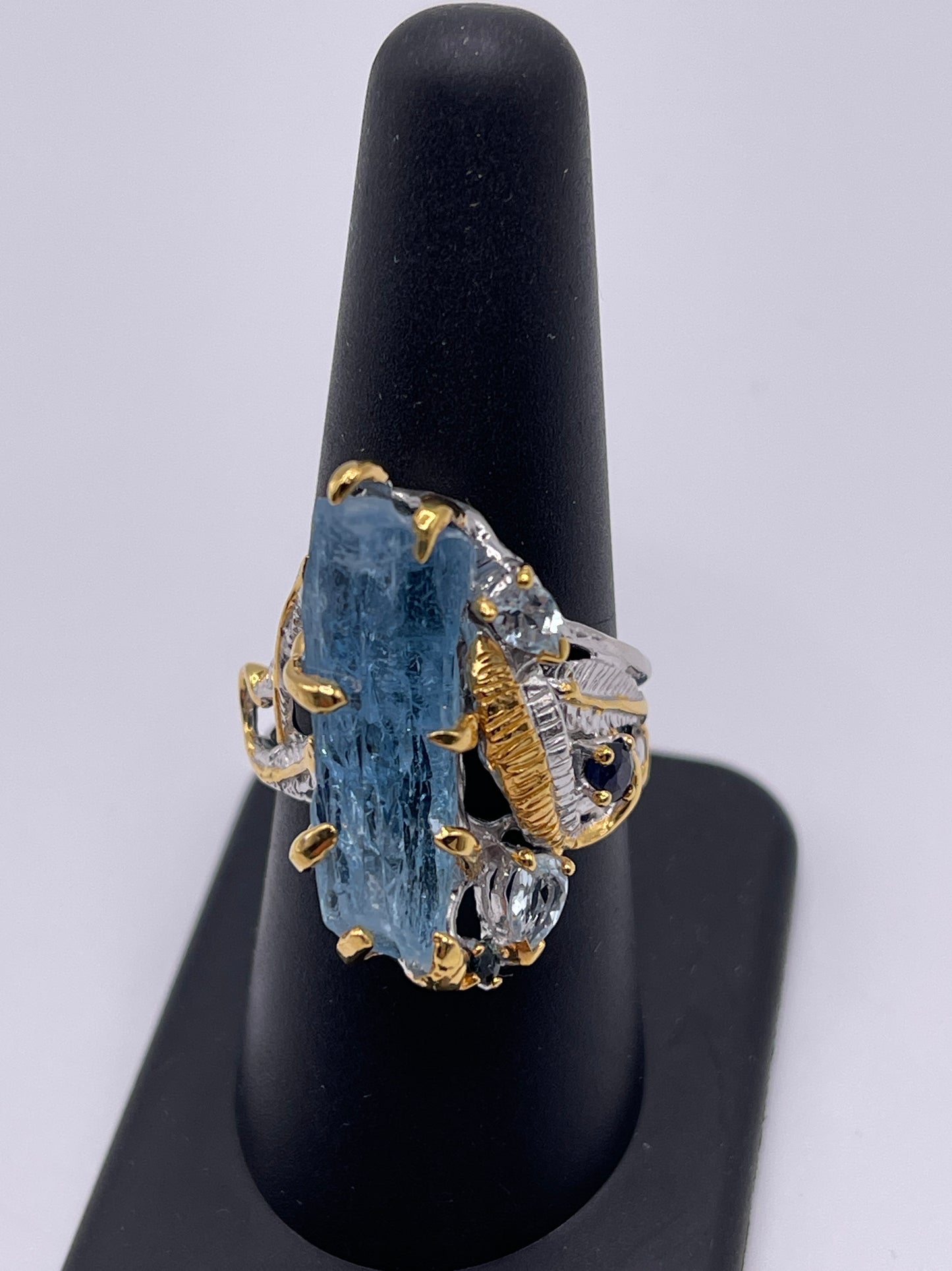 Aquamarine Rough Free Form with Blue Topaz and Blue Sapphire Designer Sterling Silver Vermeil Ring Sz 8