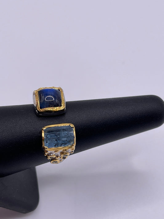 Spectrolite and Aquamarine, Blue Topaz,Blue Sapphire Sterling Silver Vermeil Open Ring Sz8