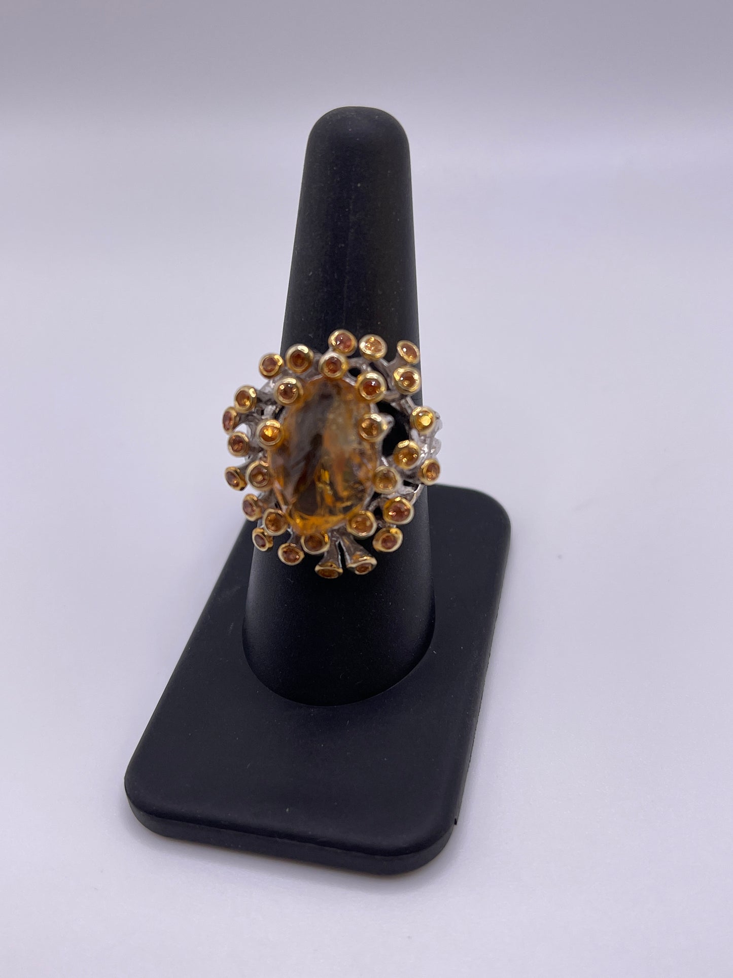 Rough Citrine with Sapphires Sterling Silver Rhodium Ring Size 8