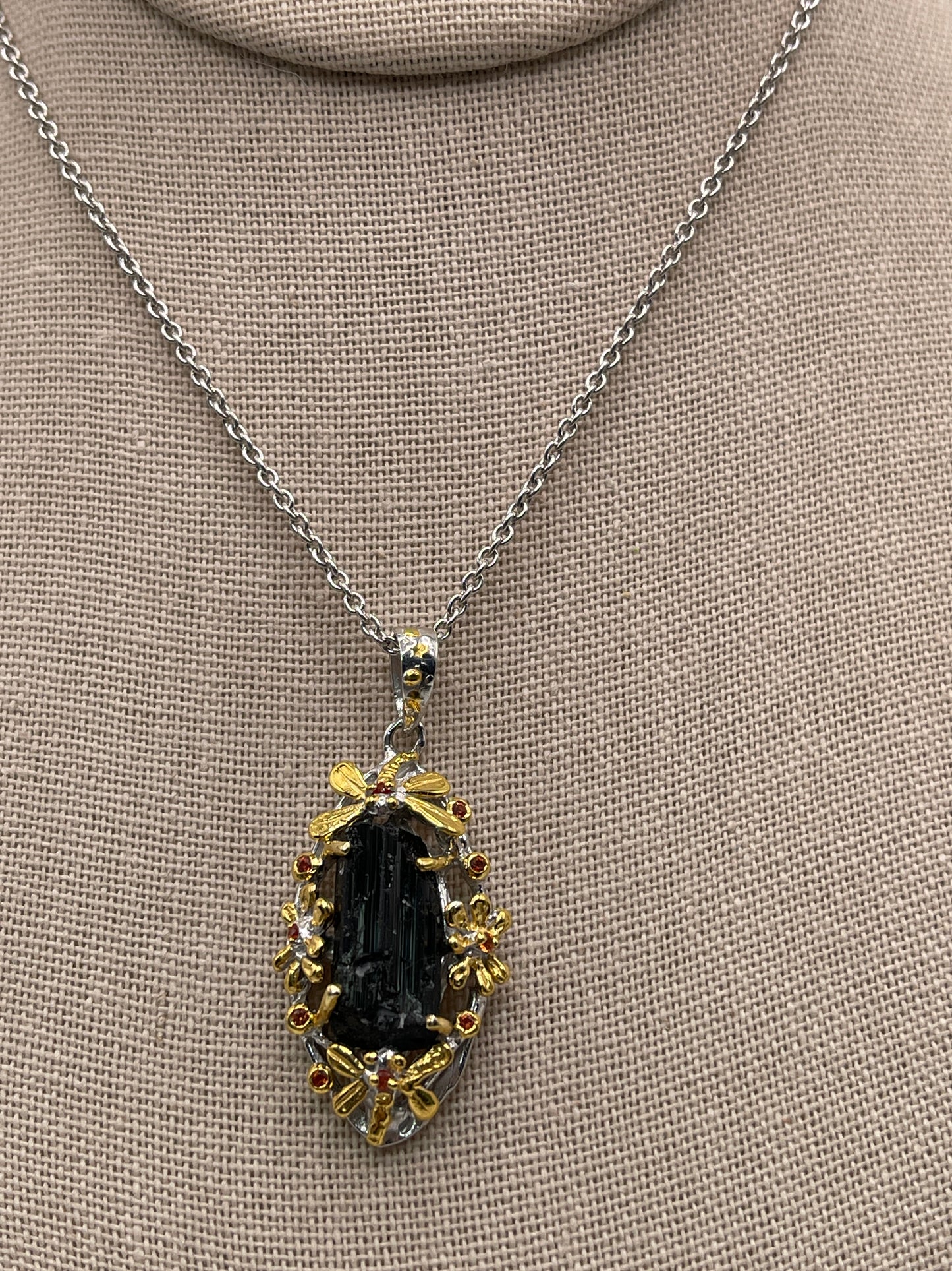 Black Tourmaline with Sapphire Dragonfly Sterling Silver Vermeil Designer Necklace