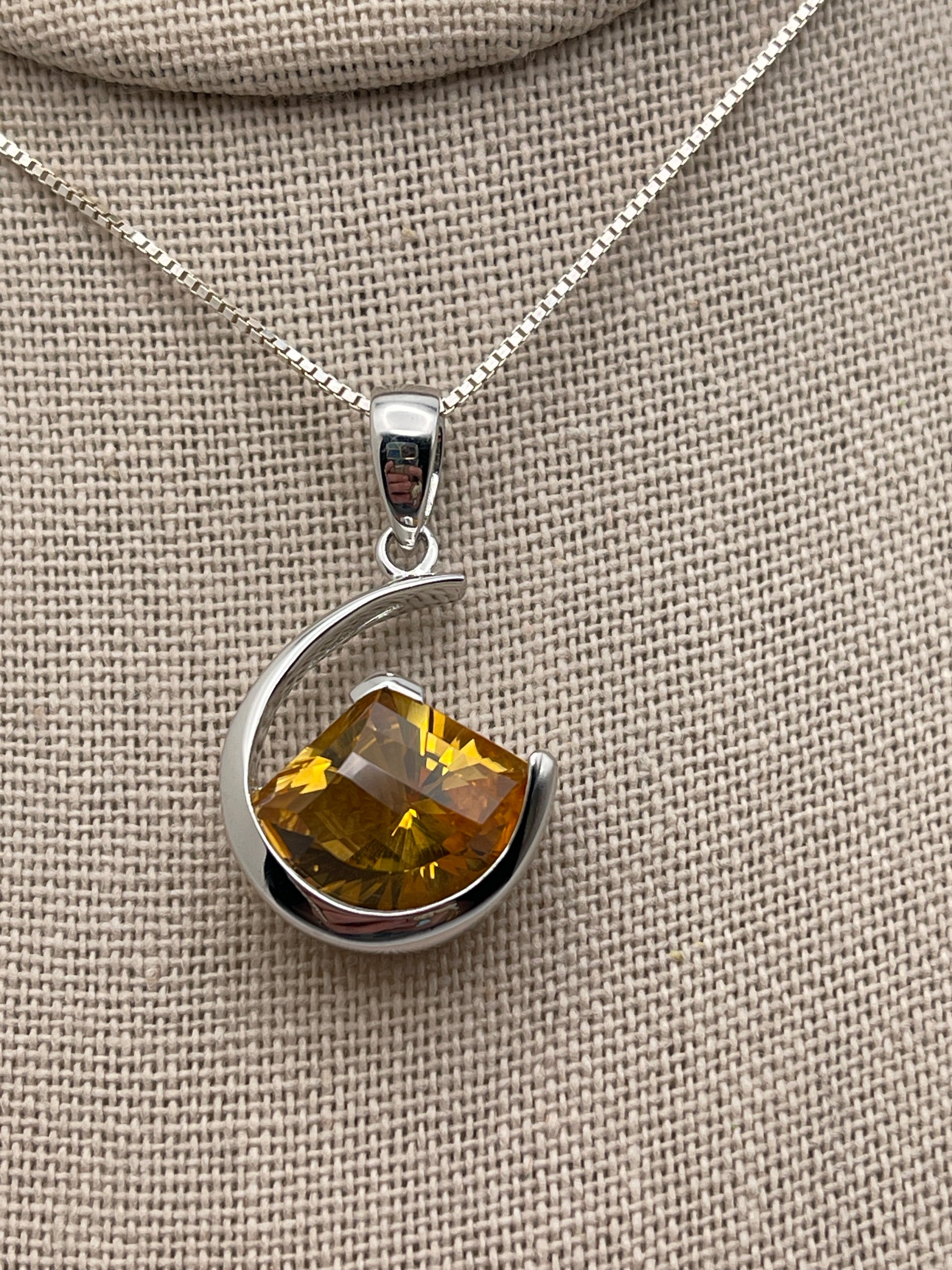 Citrine in Crescent Moon Sterling Silver Pendant