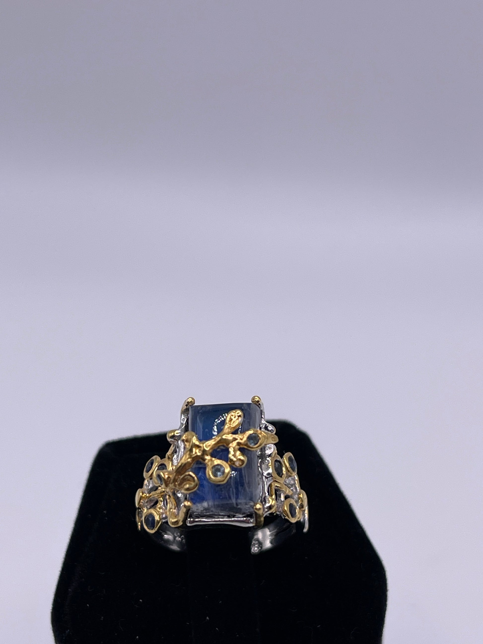 Spectrolite Emerald Cut in Sapphire Oraganic Design Sterling Silver Vermeil Ring Size 6