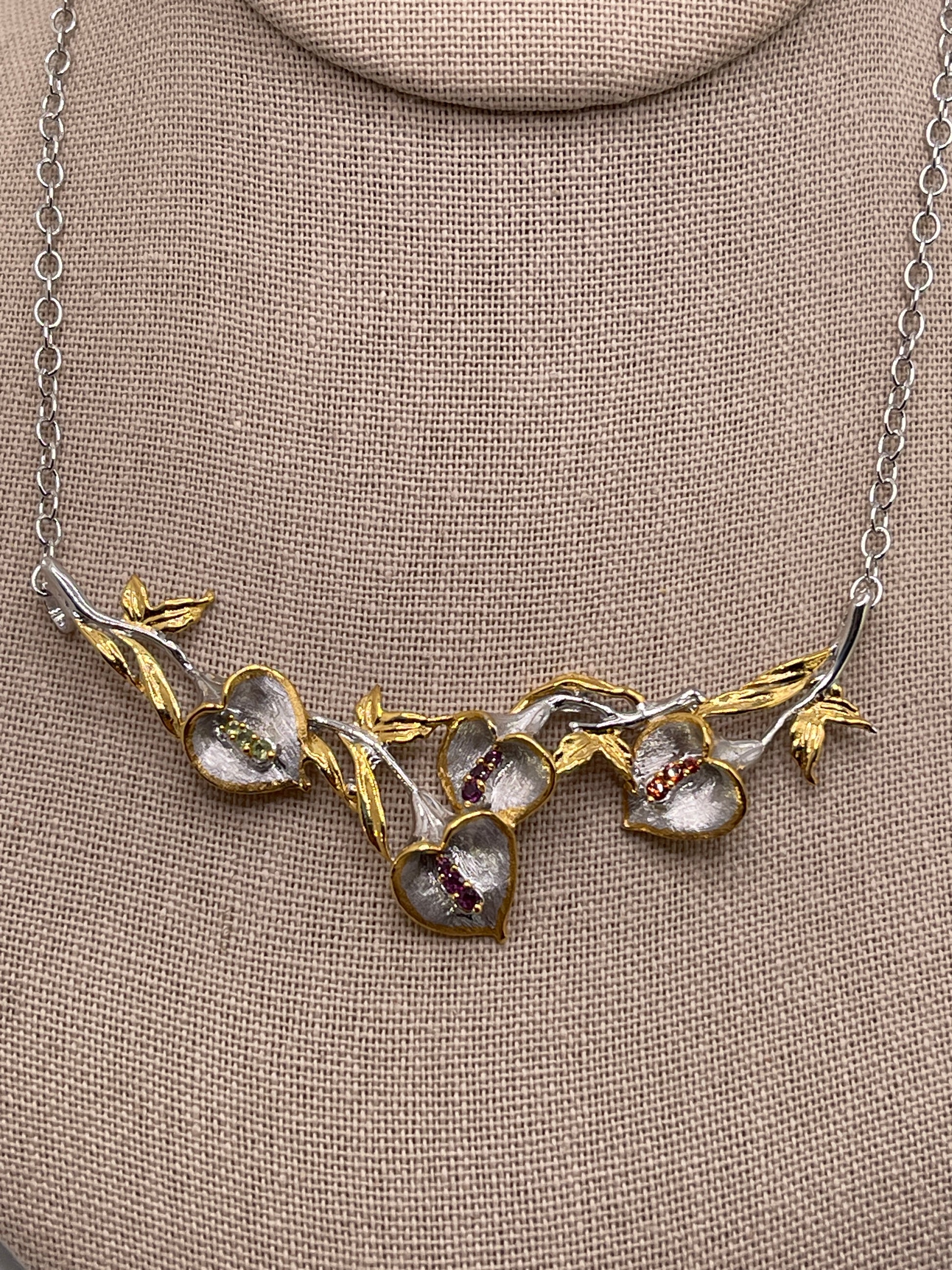 Calla Lilly with Rhodolite, Peridot, and Sapphire Sterling Silver with Gold Plate Necklace