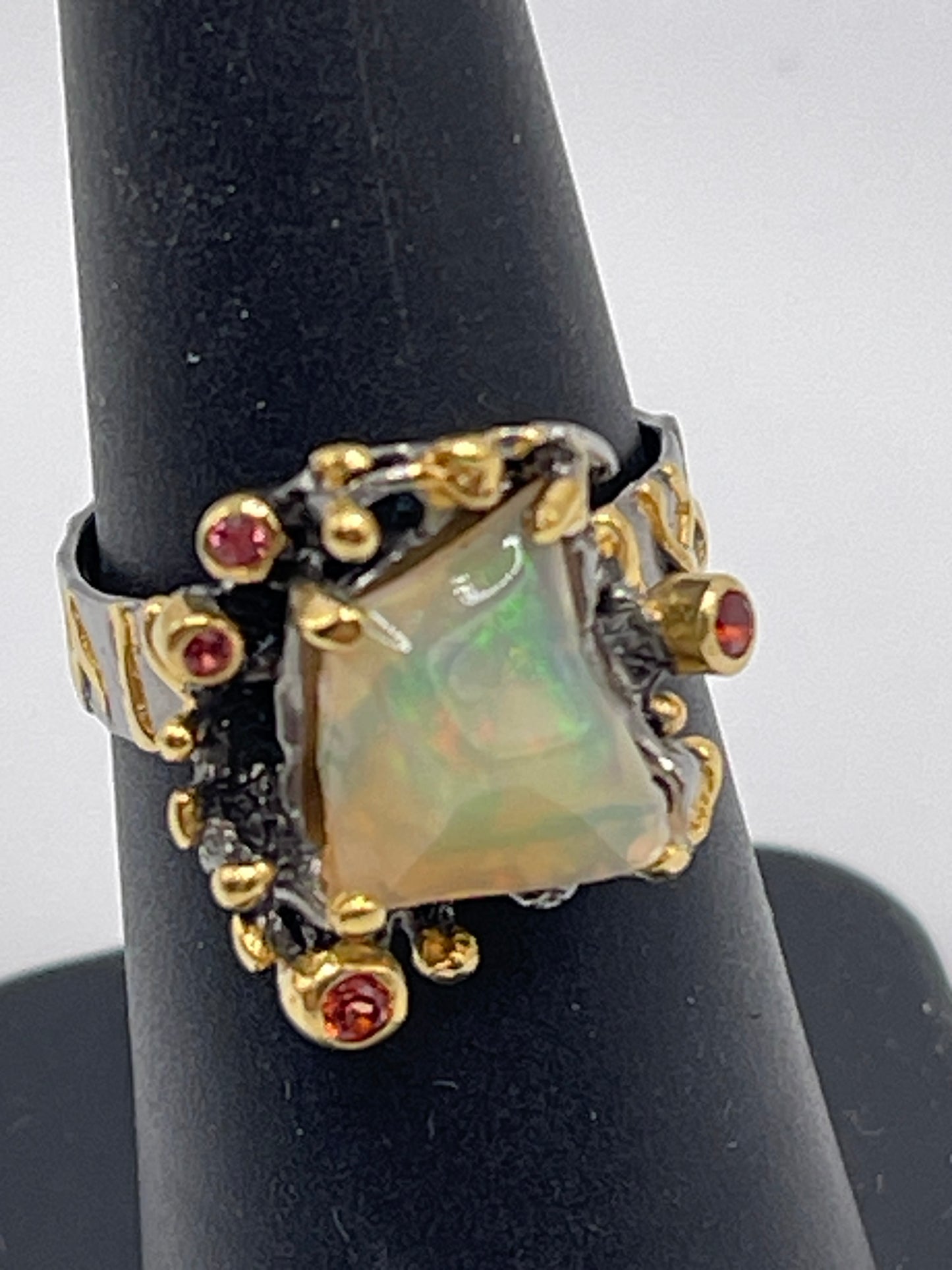 Ethiopian Opal and Orange Sapphire Sterling Silver Vermeil Ring Size 6