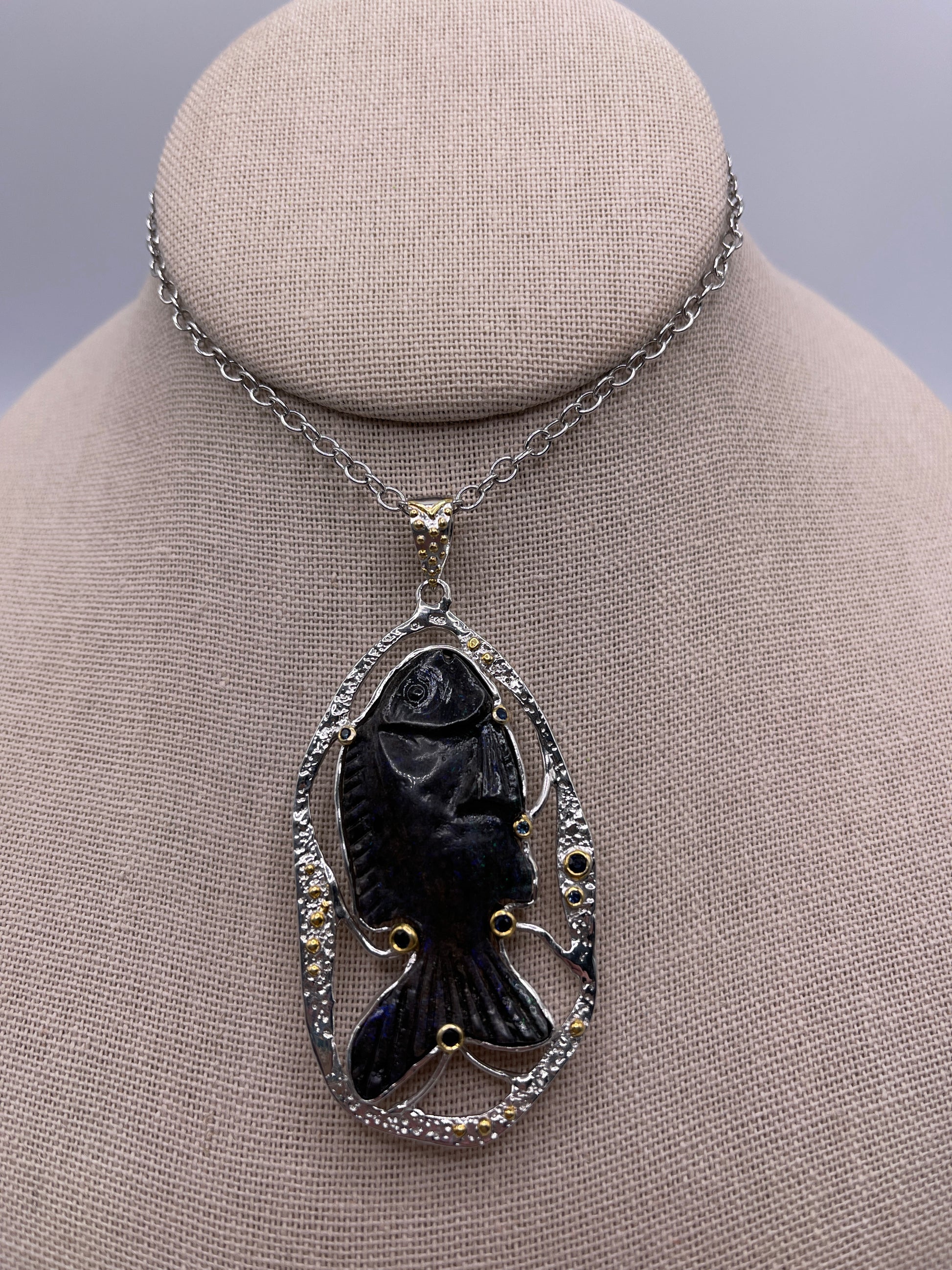 Andamooka Matrix Opal Fish with Blue Sapphire Sterling Silver Necklace