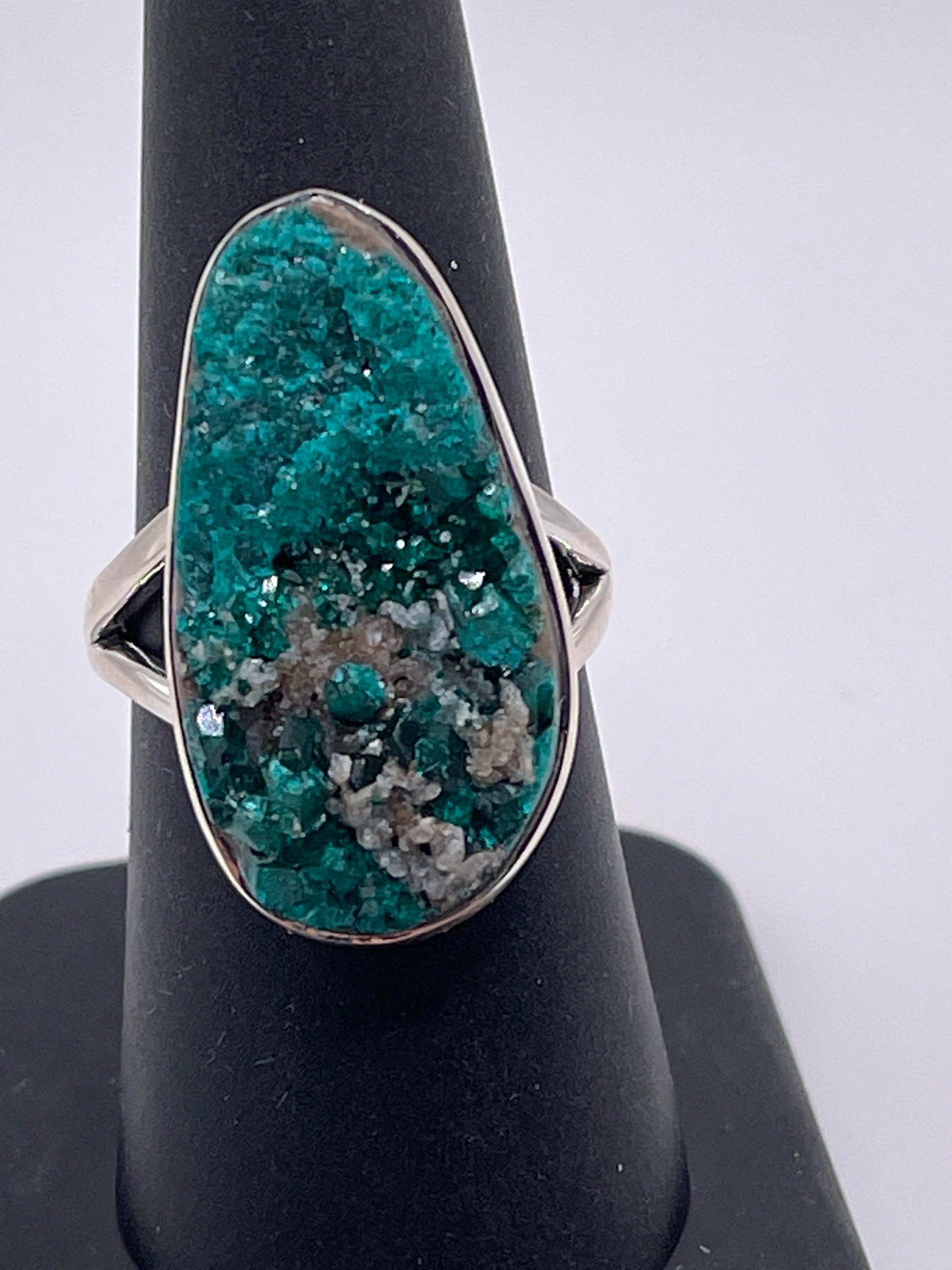 Dioptase Druzy Bezel Sterling Silver Ring Size 8