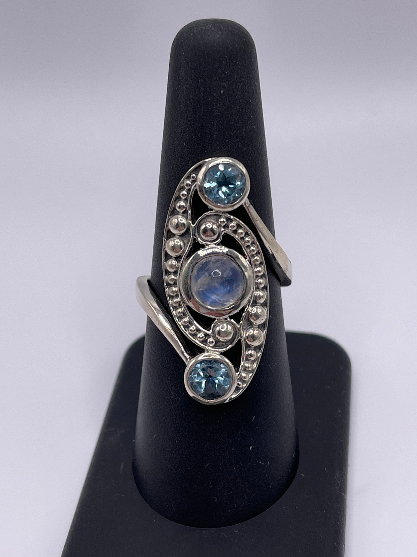 Moonstone and Blue Topaz Inner Dot Sterling Silver Ring Size 8