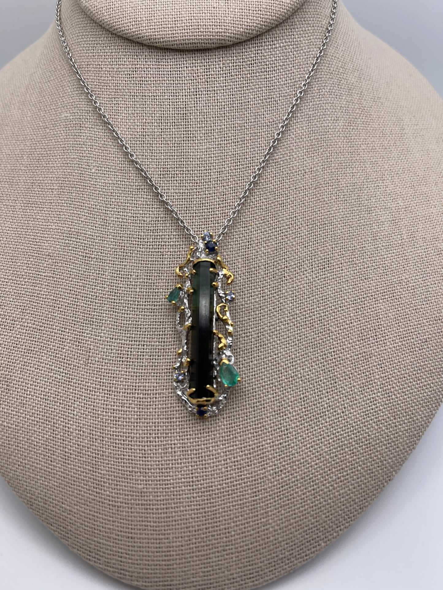 Green Tourmaline Stick with Emerald, Tanzanite and Blue Sapphire Sterling Silver Necklace