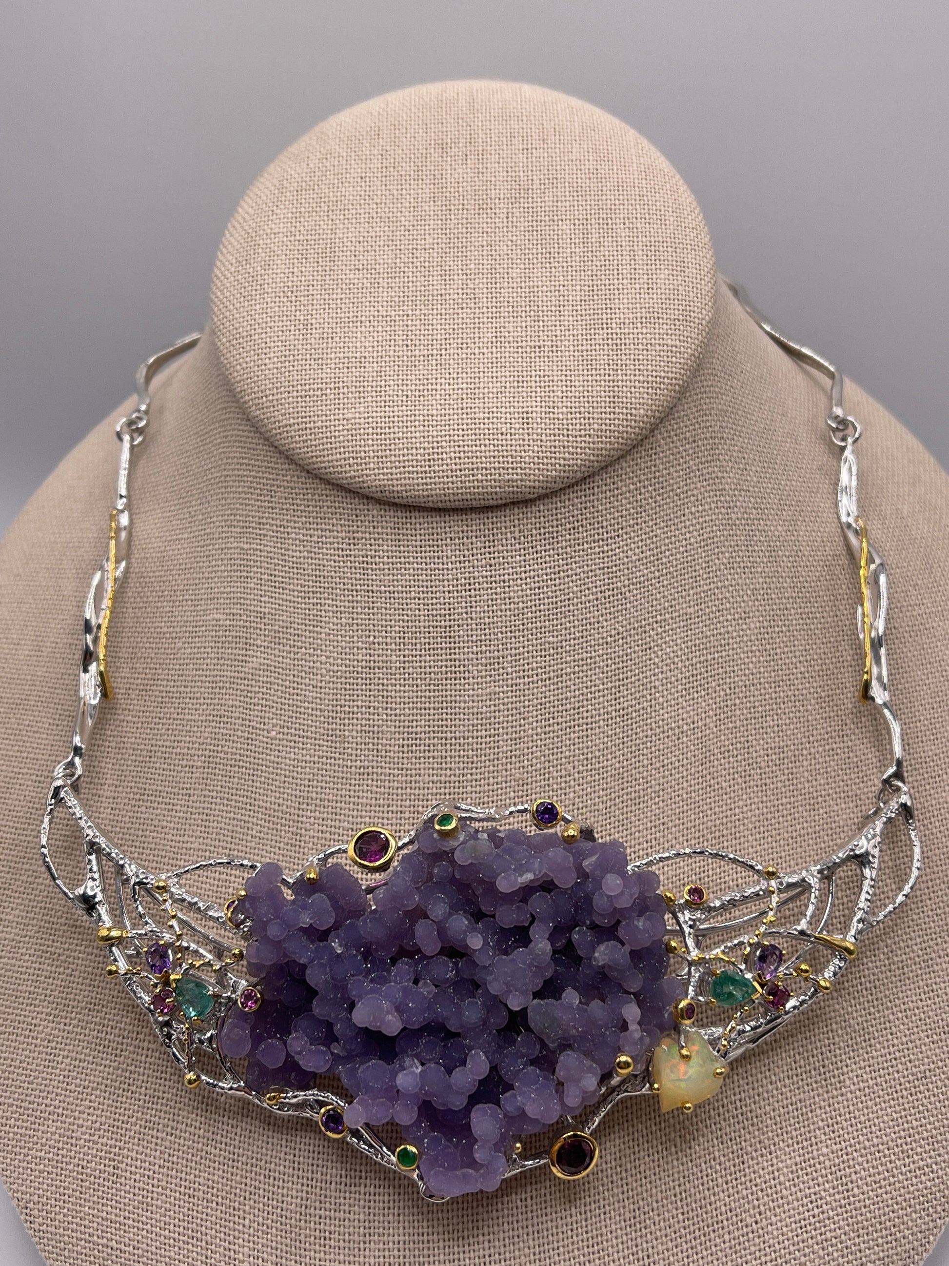 Manakara Grape Druzy, Carved Ethiopian Opal, Emerald, Rhodolite, and Amethyst Queen Statement Sterling Silver Necklace