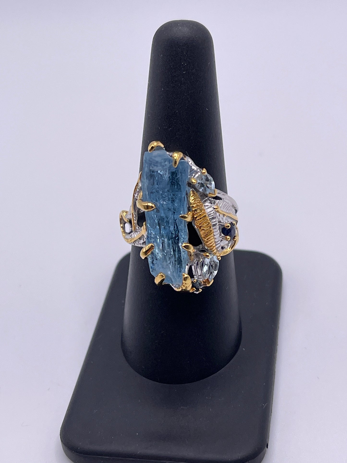 Aquamarine Rough Free Form with Blue Topaz and Blue Sapphire Designer Sterling Silver Vermeil Ring Sz 8