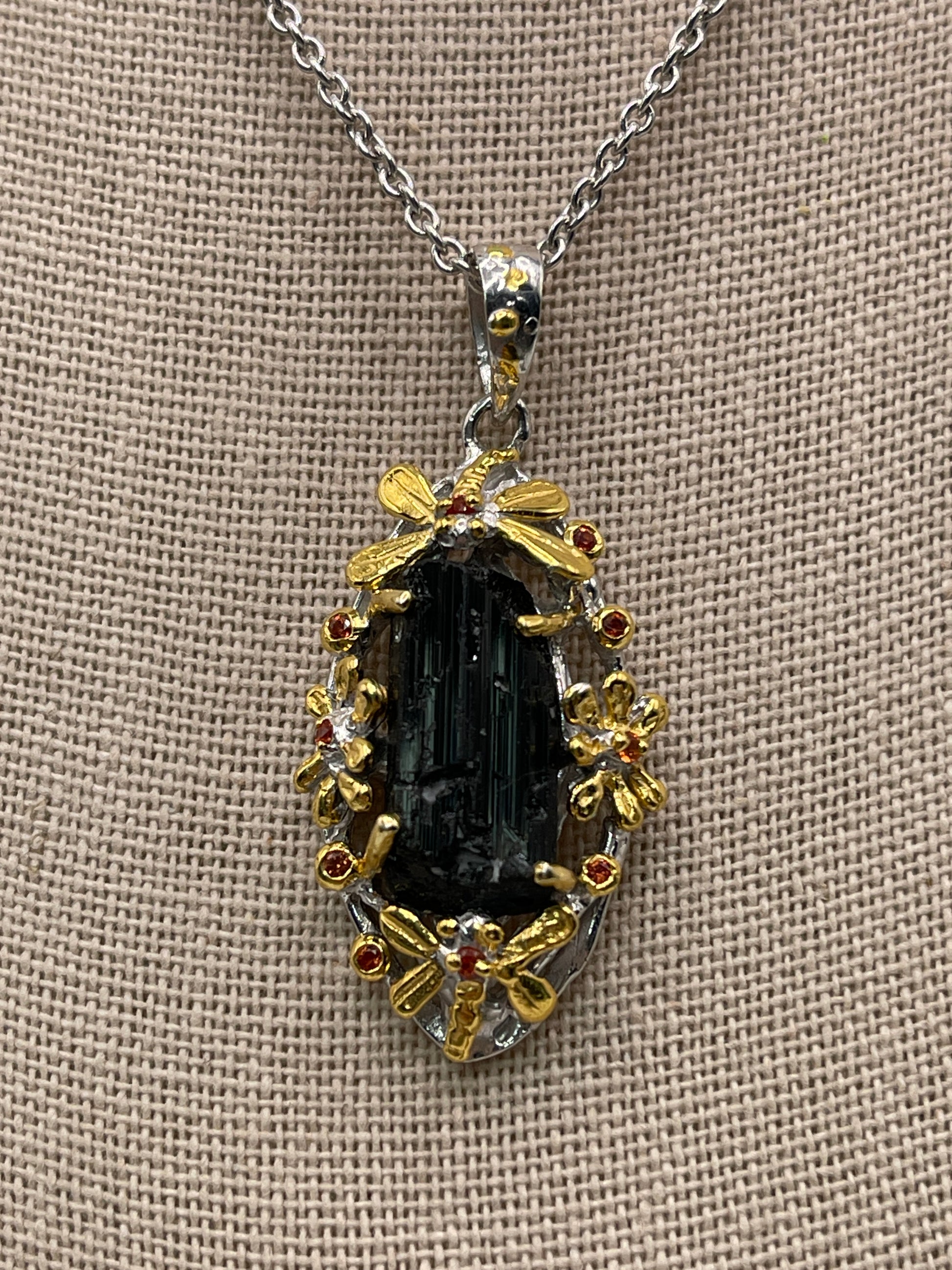 Black Tourmaline with Sapphire Dragonfly Sterling Silver Vermeil Designer Necklace