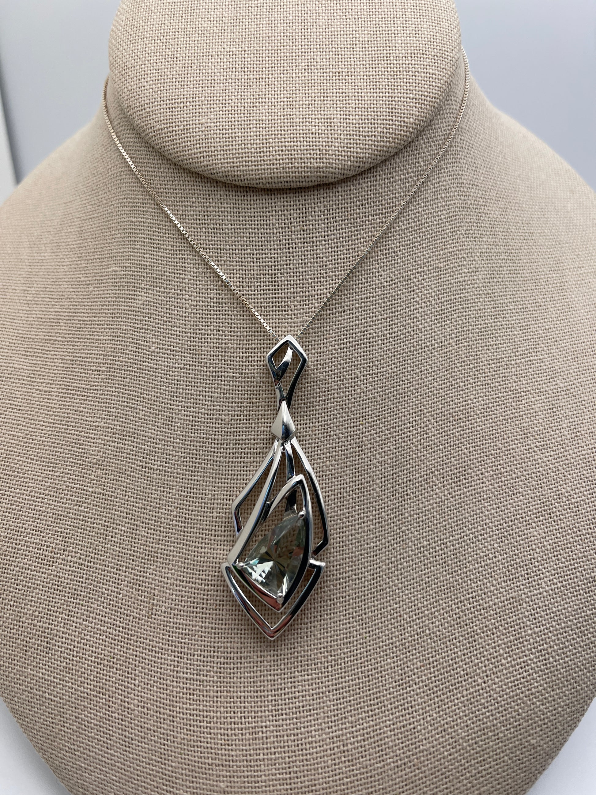 Faceted Green Amethyst Triple Triangle Sterling Silver Pendant