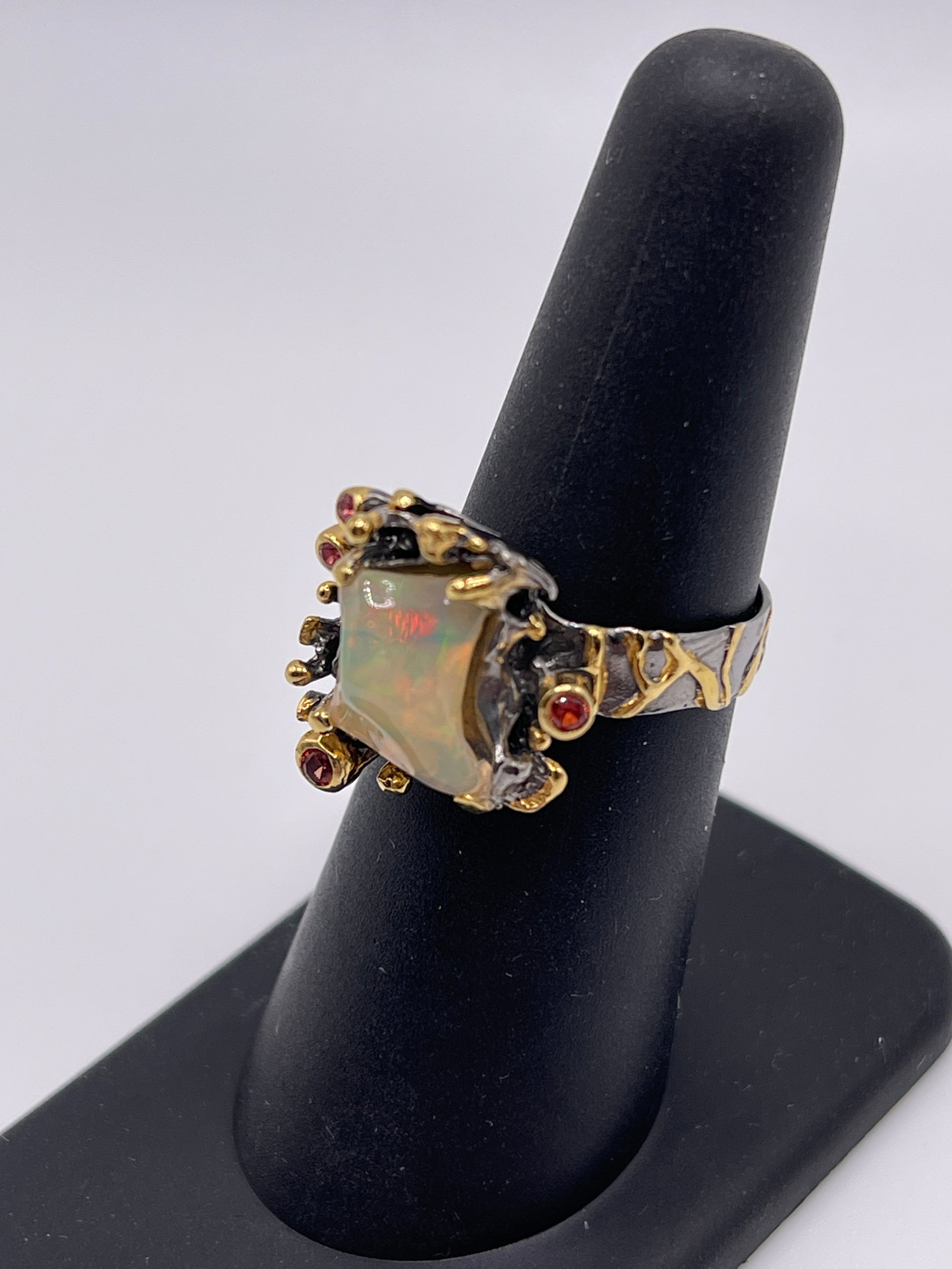 Ethiopian Opal and Orange Sapphire Sterling Silver Vermeil Ring Size 6
