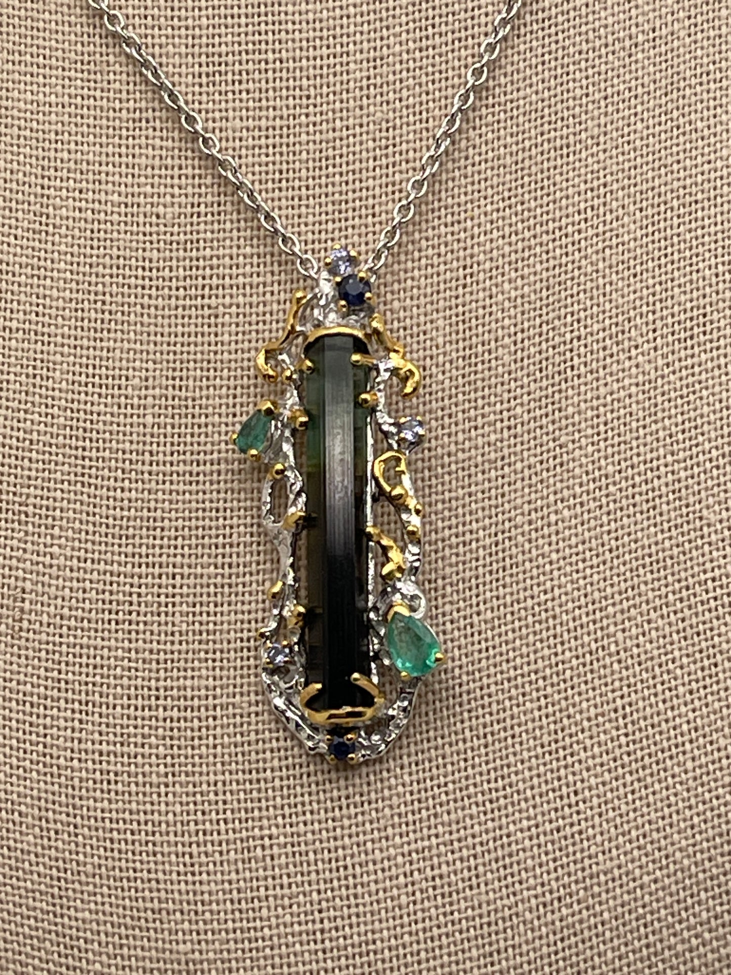 Green Tourmaline Stick with Emerald, Tanzanite and Blue Sapphire Sterling Silver Necklace