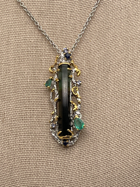 Green Tourmaline Stick with Emerald, Tanzanite and Blue Sapphire Sterling Silver Necklace