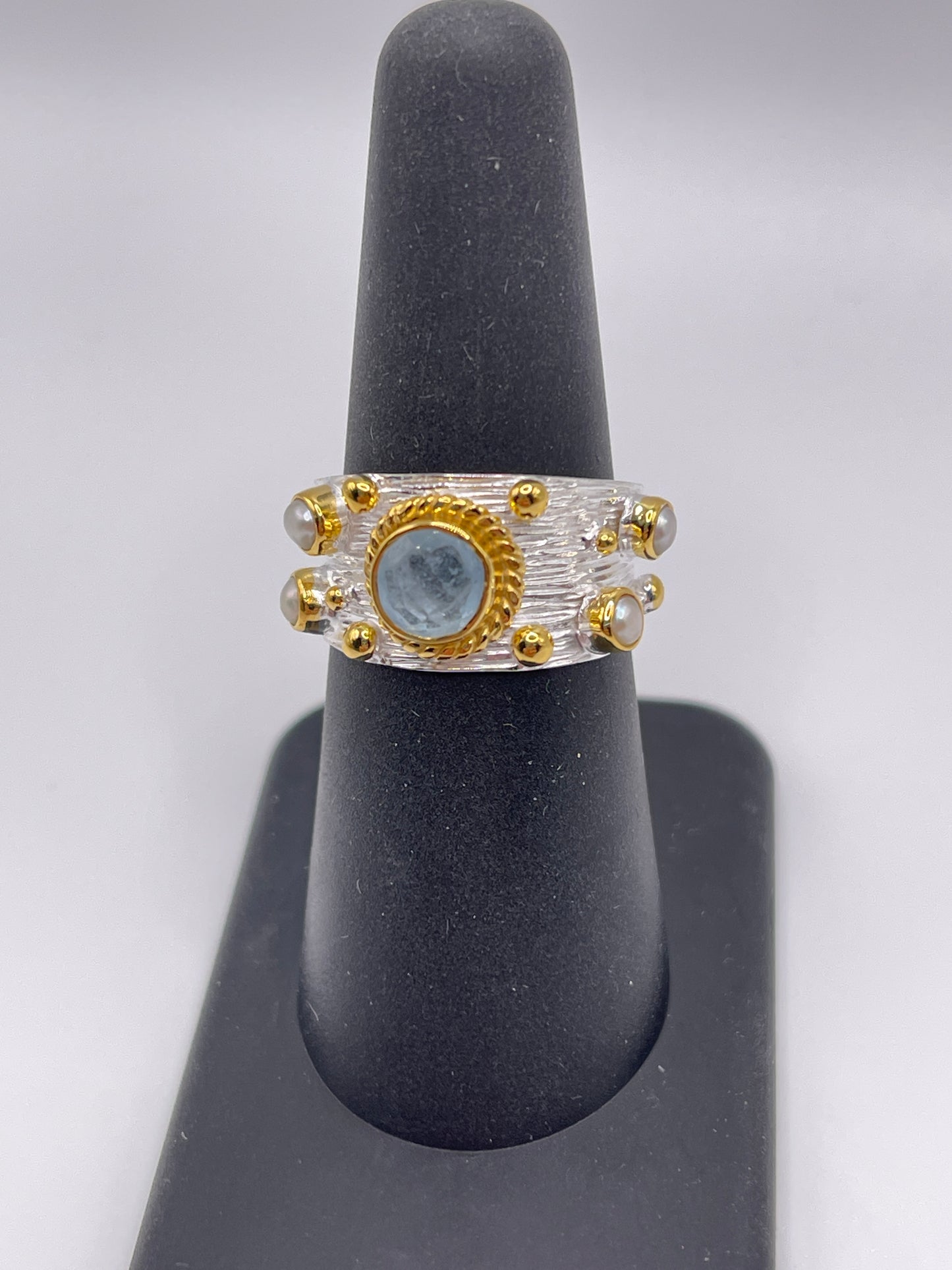 Aquamarine with Pearls Sterling Silver Band Ring Size 7