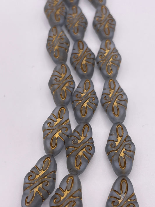 10mm Grey & Gold Pattern Rhombus Czech Bead Strand