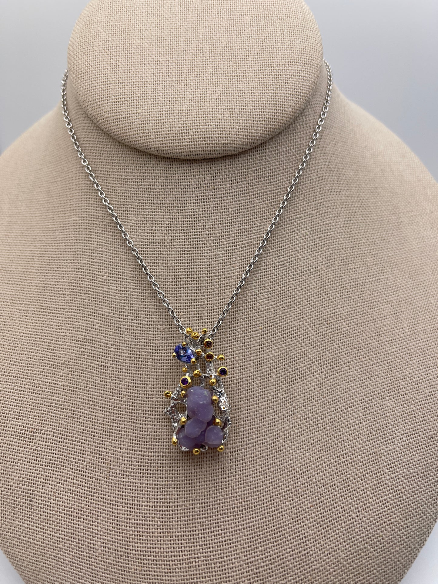 Grape Agate Druzy, Tanzanite, Amethyst, Rhodolite Sterling Silver with Rhodium Necklace