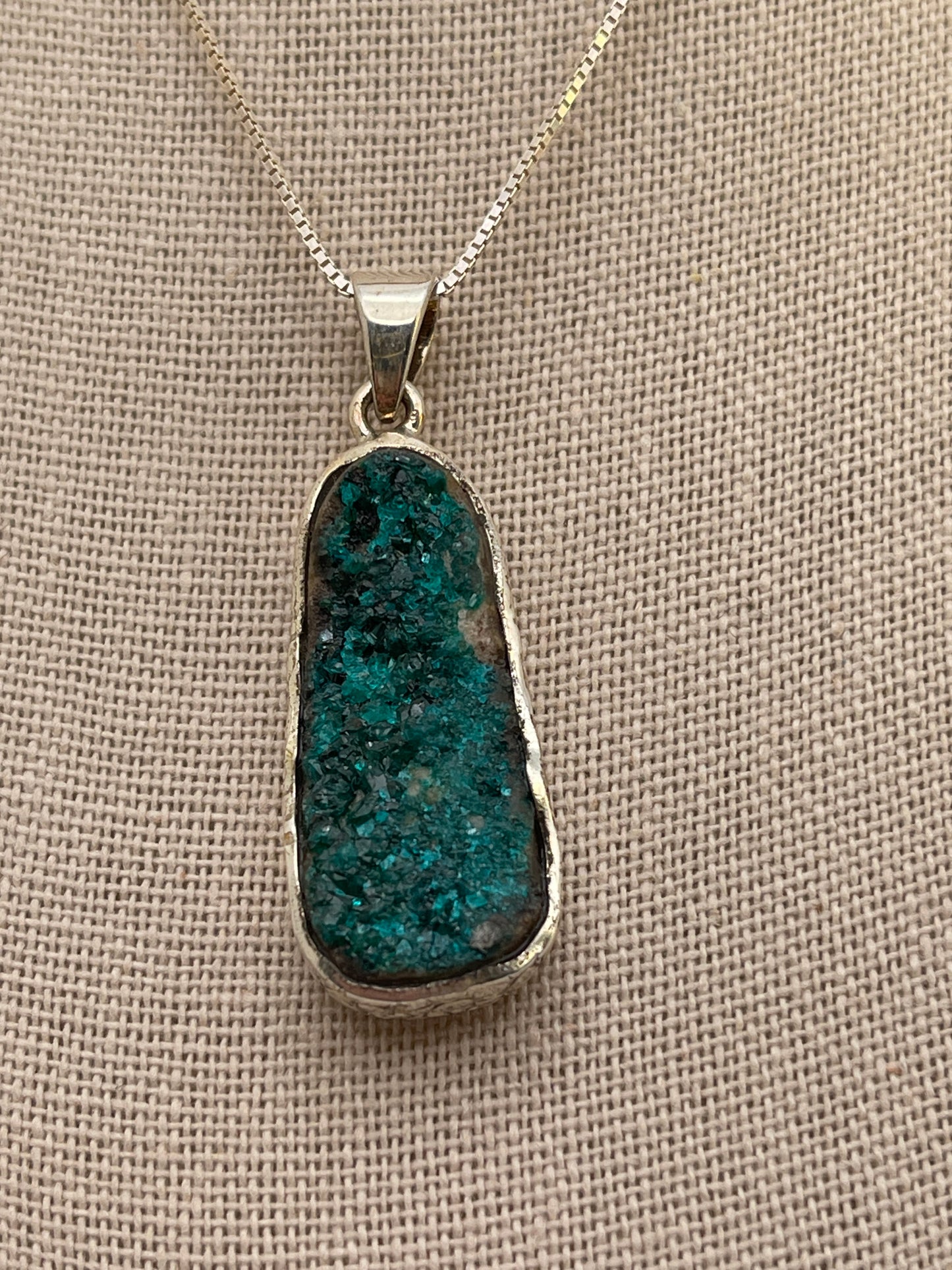 Dioptase With Texture Bezel Sterling Silver Pendant