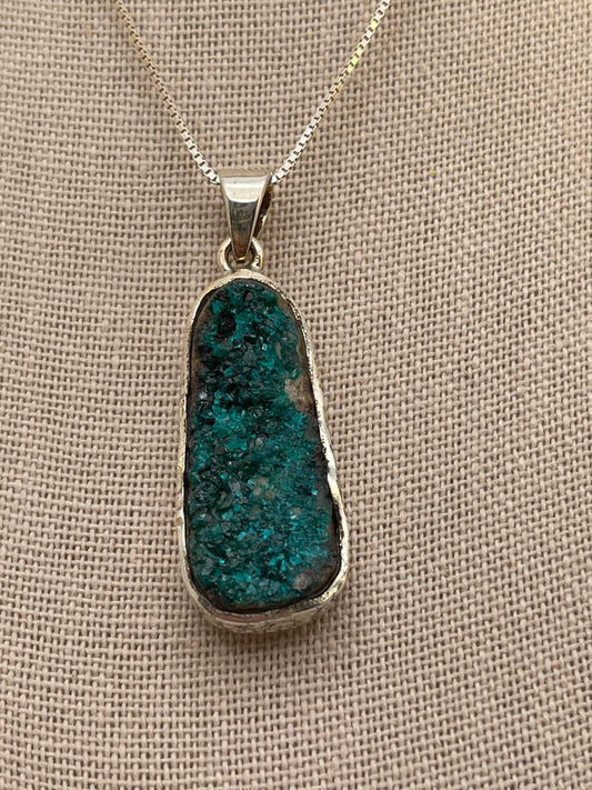 Dioptase With Texture Bezel Sterling Silver Pendant