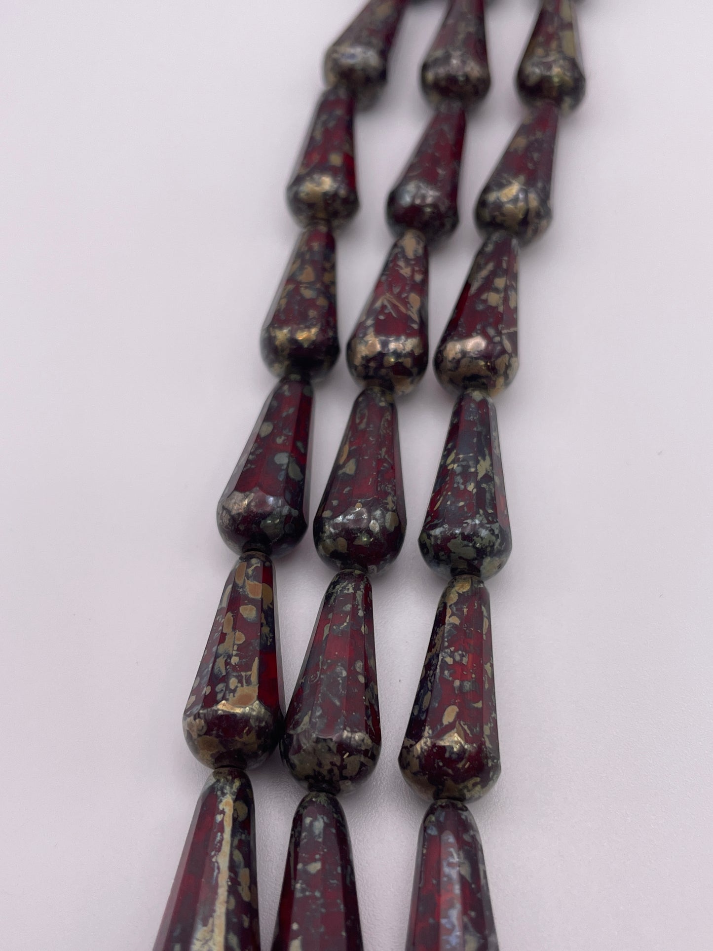 8mm Red & Gold Splatter Pear Czech Bead Strand