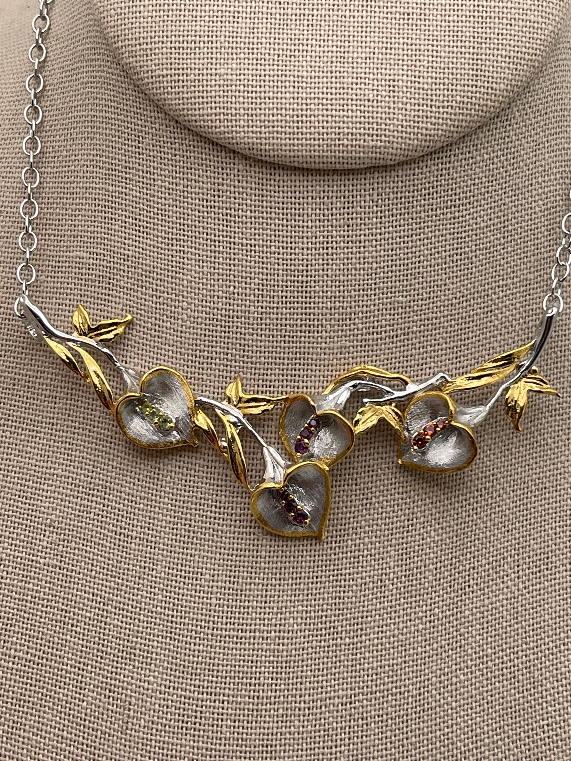 Calla Lilly with Rhodolite, Peridot, and Sapphire Sterling Silver with Gold Plate Necklace