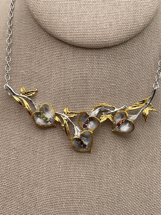 Calla Lilly with Rhodolite, Peridot, and Sapphire Sterling Silver with Gold Plate Necklace