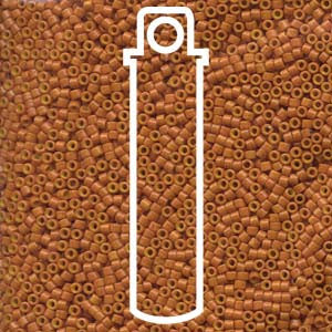 The backdrop is adorned with small, brown circular beads. A white outline of a vertical tube is centered over these beads, illustrating where the DELICA BD DYED OPAQUE PUMPKIN APRX 7.2 GM DB653-TB might be contained or displayed.
