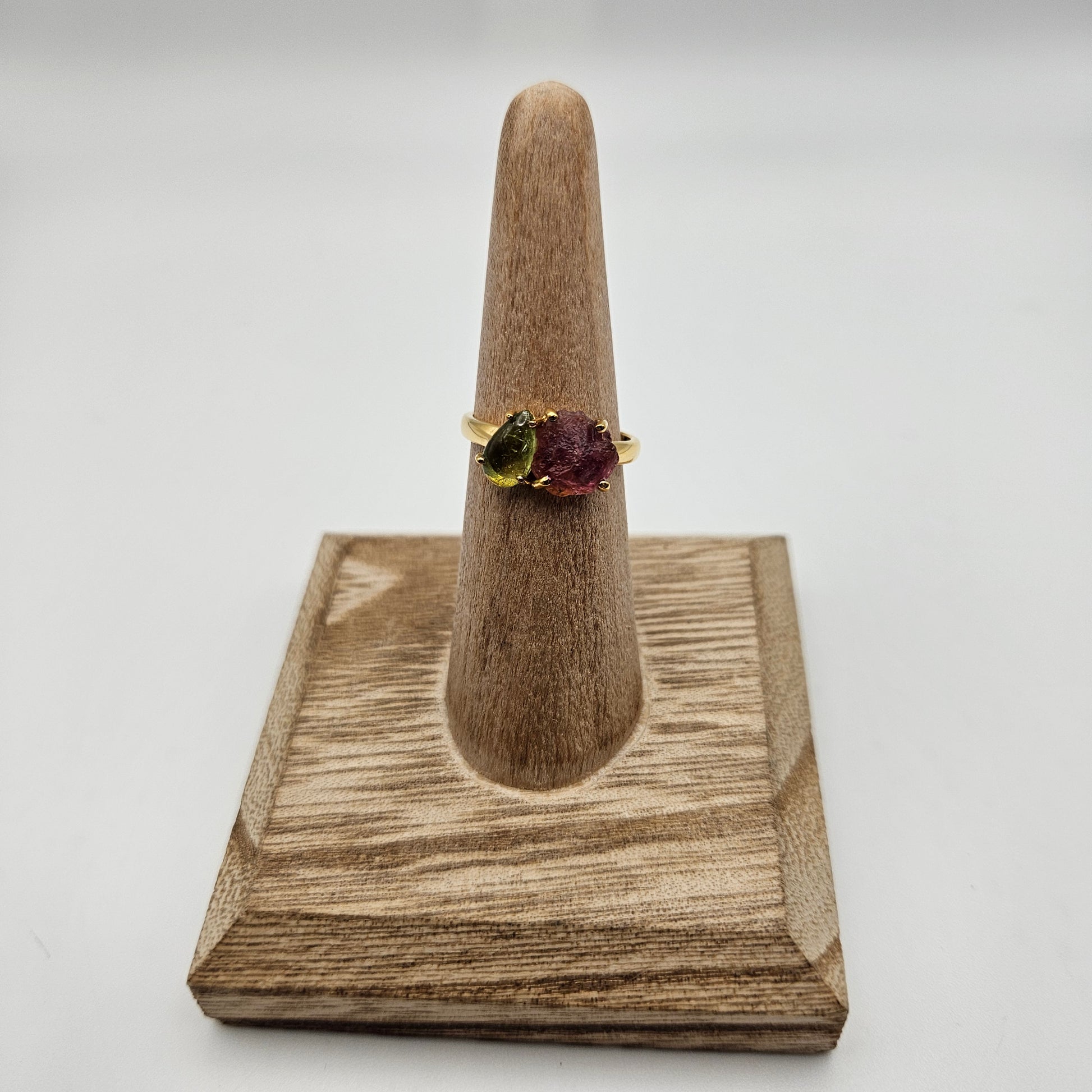 18k Gold Plated Sterling Silver 2 Stone Pink and Green Tourmaline Rough Gemstone Ring Size 7.