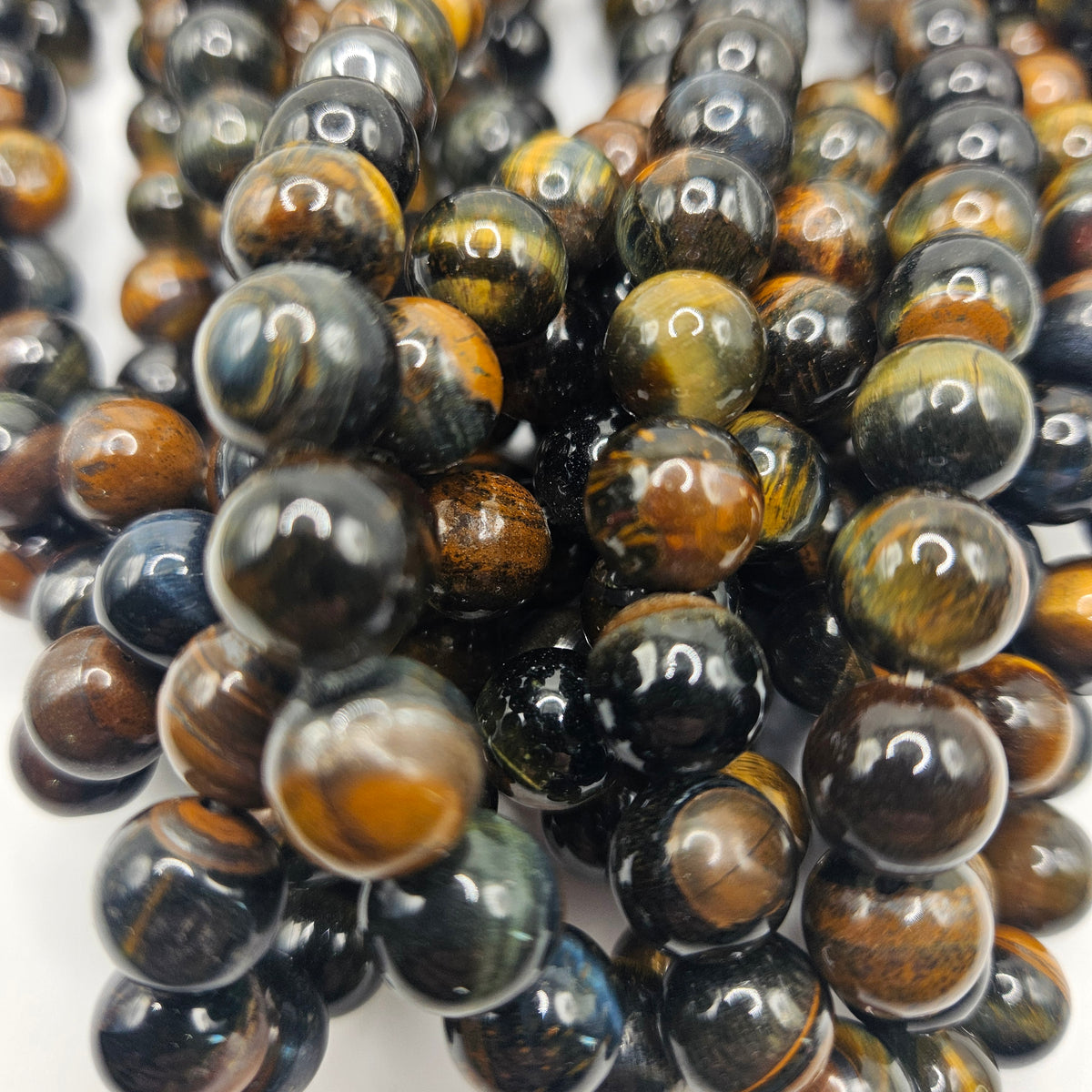 10mm Blue Yellow Tiger Eye Round Bead Strand.