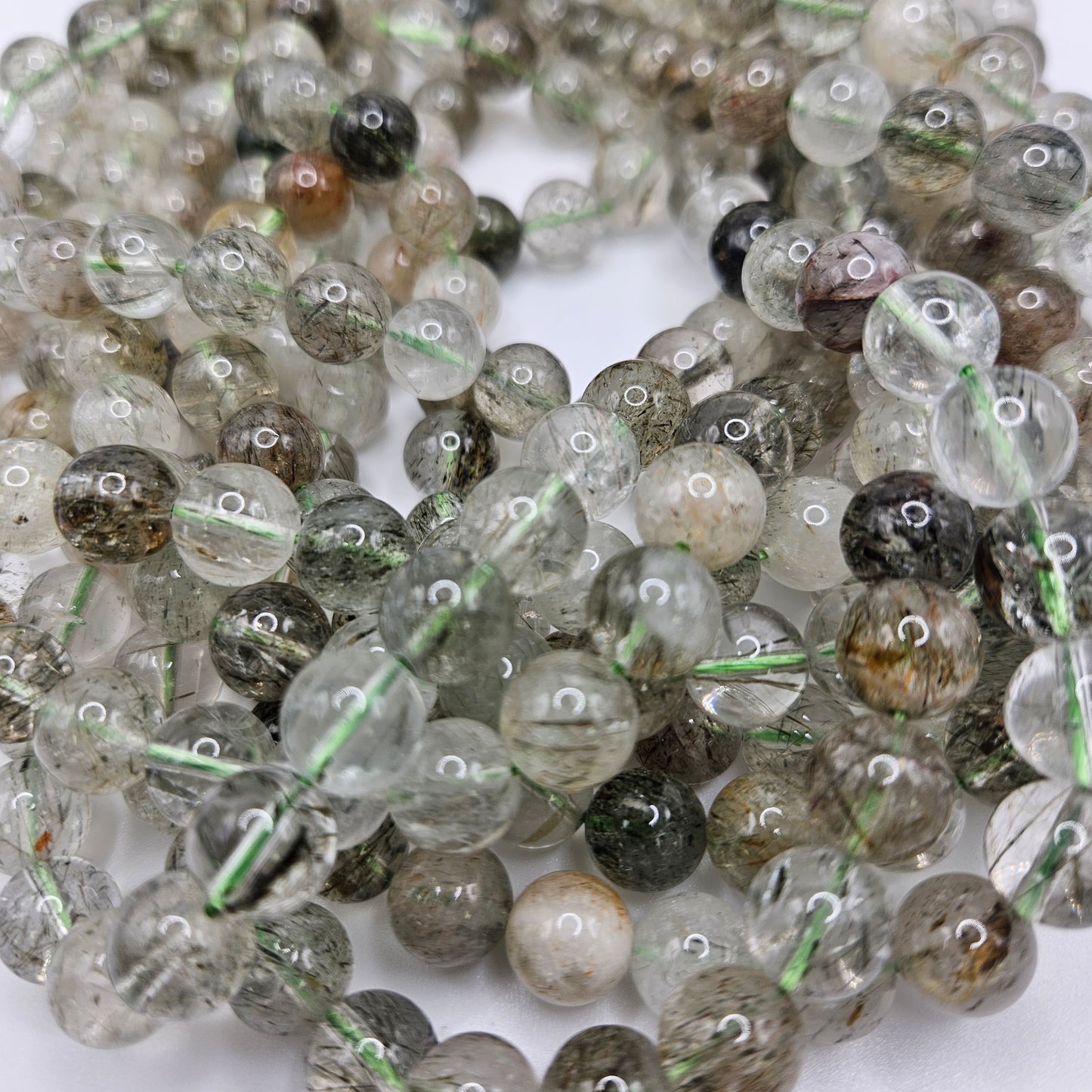 10mm Green Rutilated Quartz Round Bead Strand.
