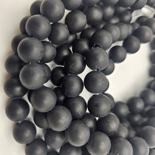 10mm Matte Black Onyx Large Hole Round Bead Strand.