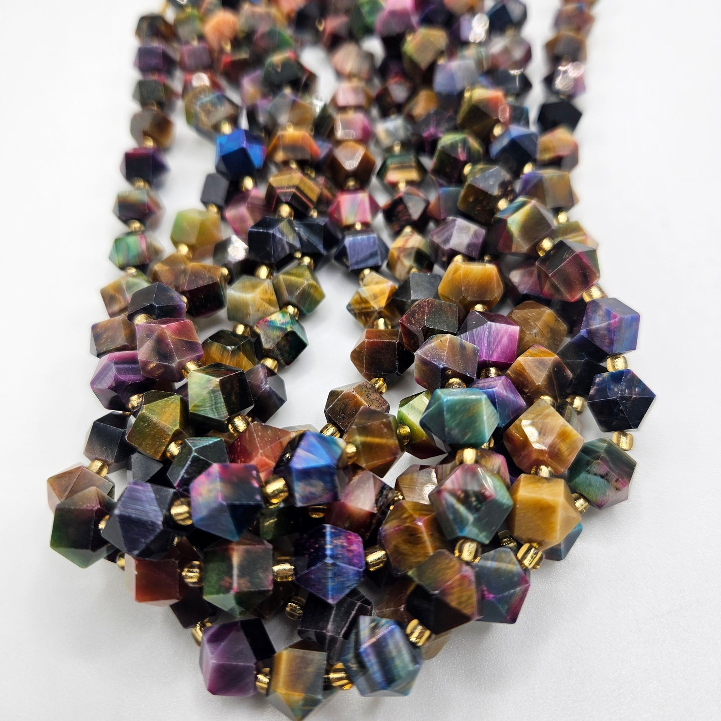 10mm Rainbow Tiger Eye Faceted Hexagon Bead Strand.