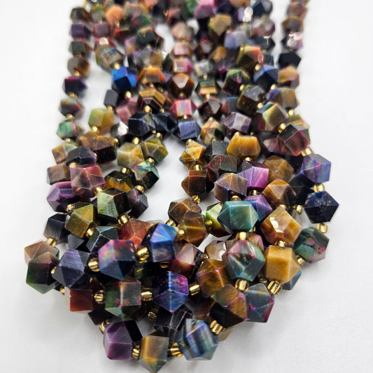 10mm Rainbow Tiger Eye Faceted Hexagon Bead Strand.