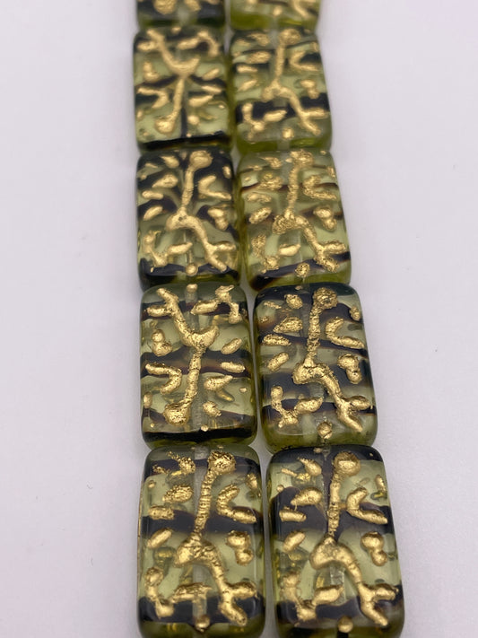 12 by 18mm Black and Green Czech Bead Strand.