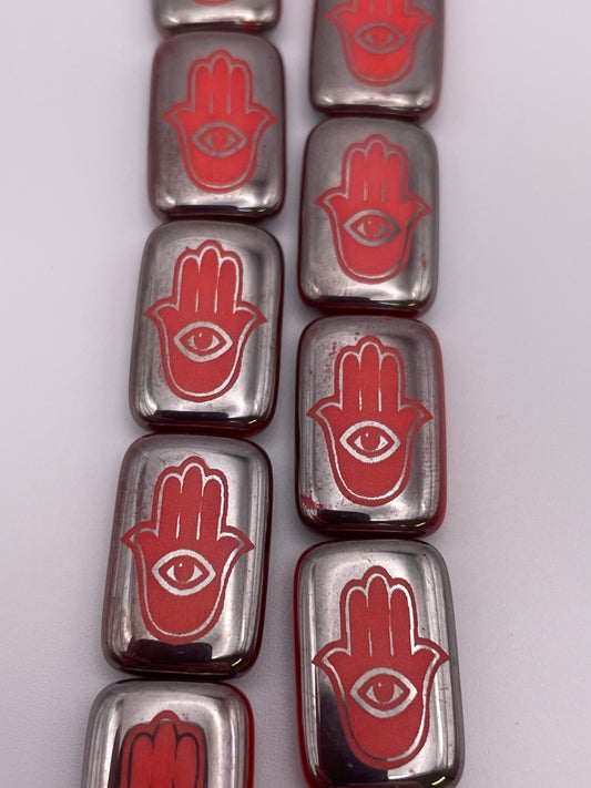 12 by 18mm Red Hamsa Hand Czech Bead Strand.