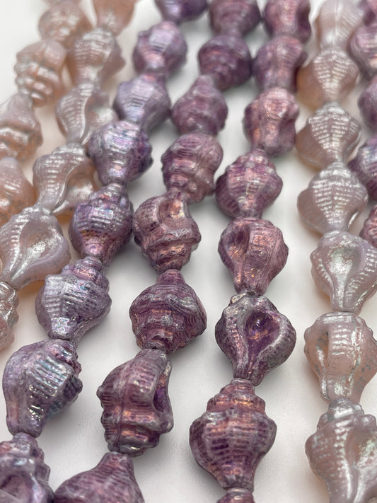 12mm Purple Conch Shell Czech Glass Bead Strand.