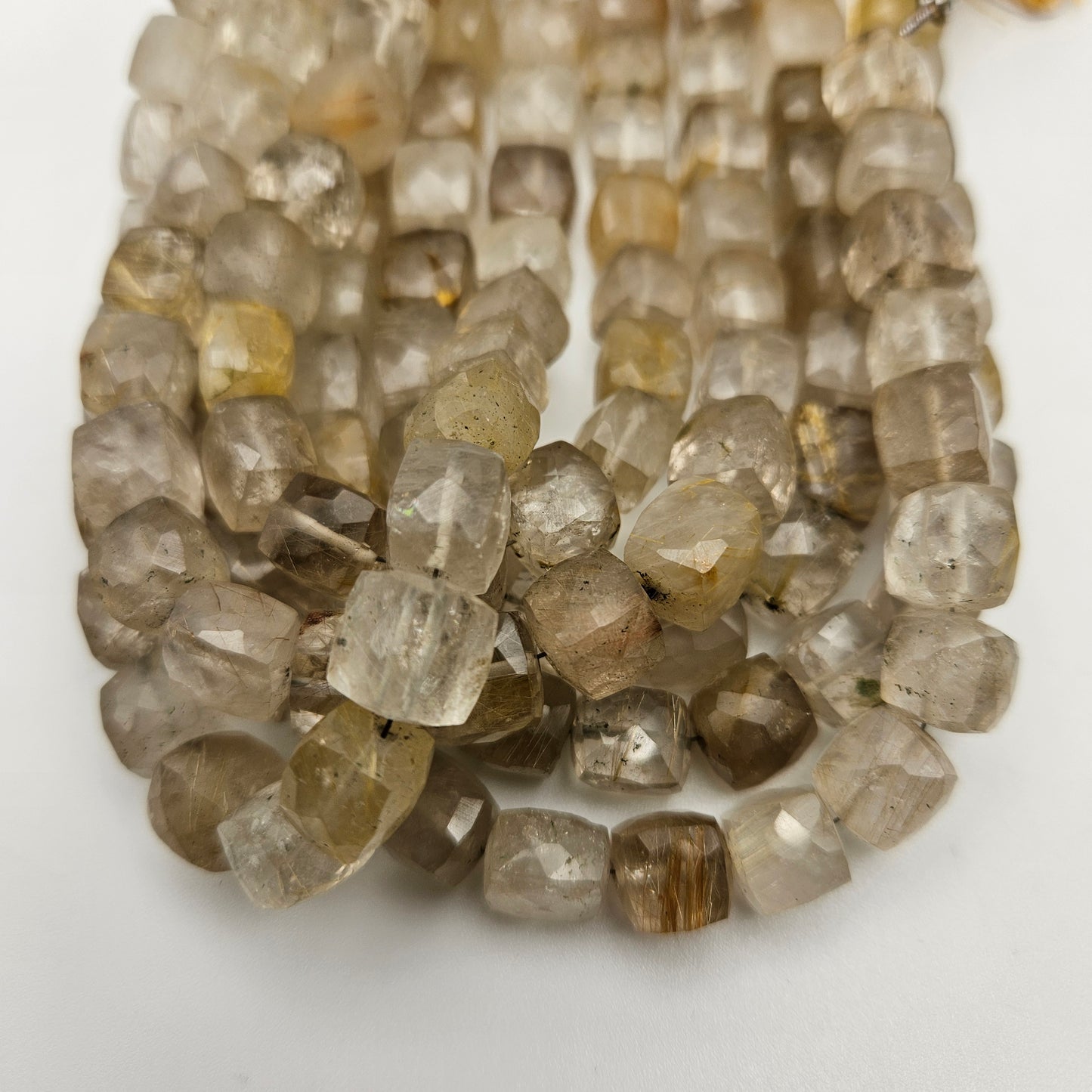 12mm Gold Rutilated Square Faceted Bead Strand.