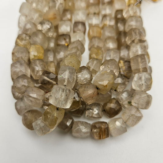 12mm Gold Rutilated Square Faceted Bead Strand.