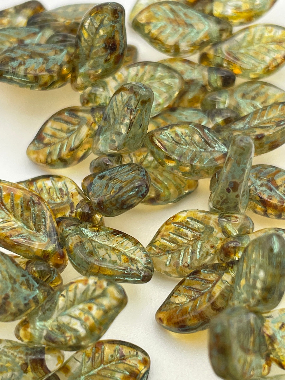 12mm Green And Brown Leaf Czech Glass Bead Strand.