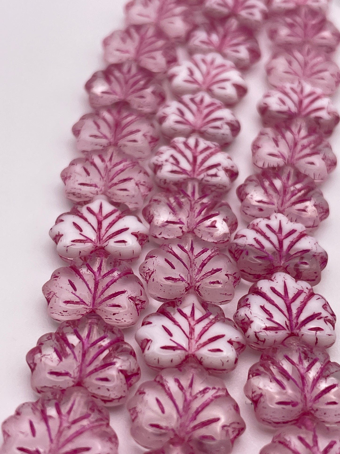 12mm Pink Leaf Czech Bead Strand.